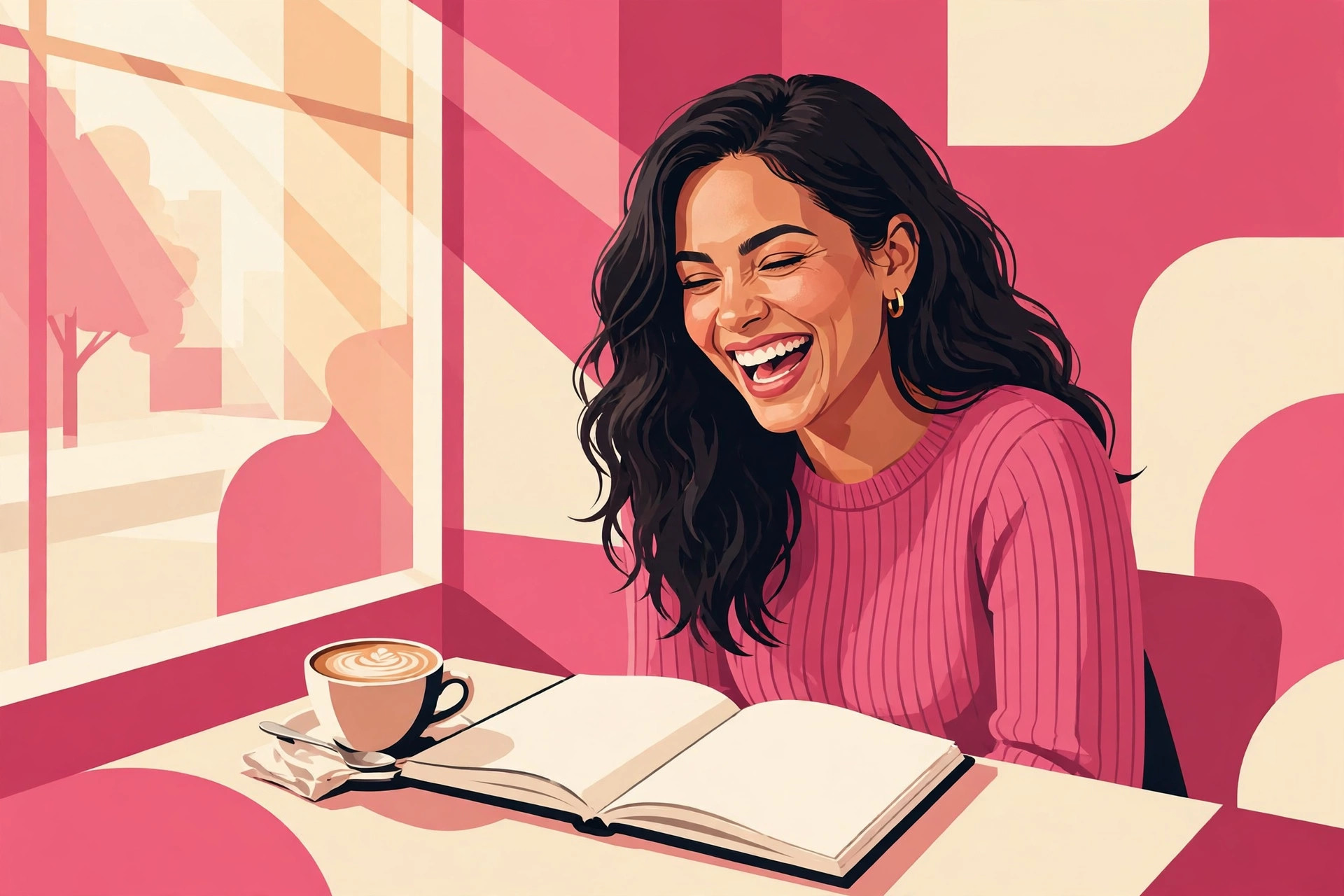 Editorial portrait of Gloria Cruz, the original fictional city persona, laughing over a notebook in a café. AI-generated dramatization art