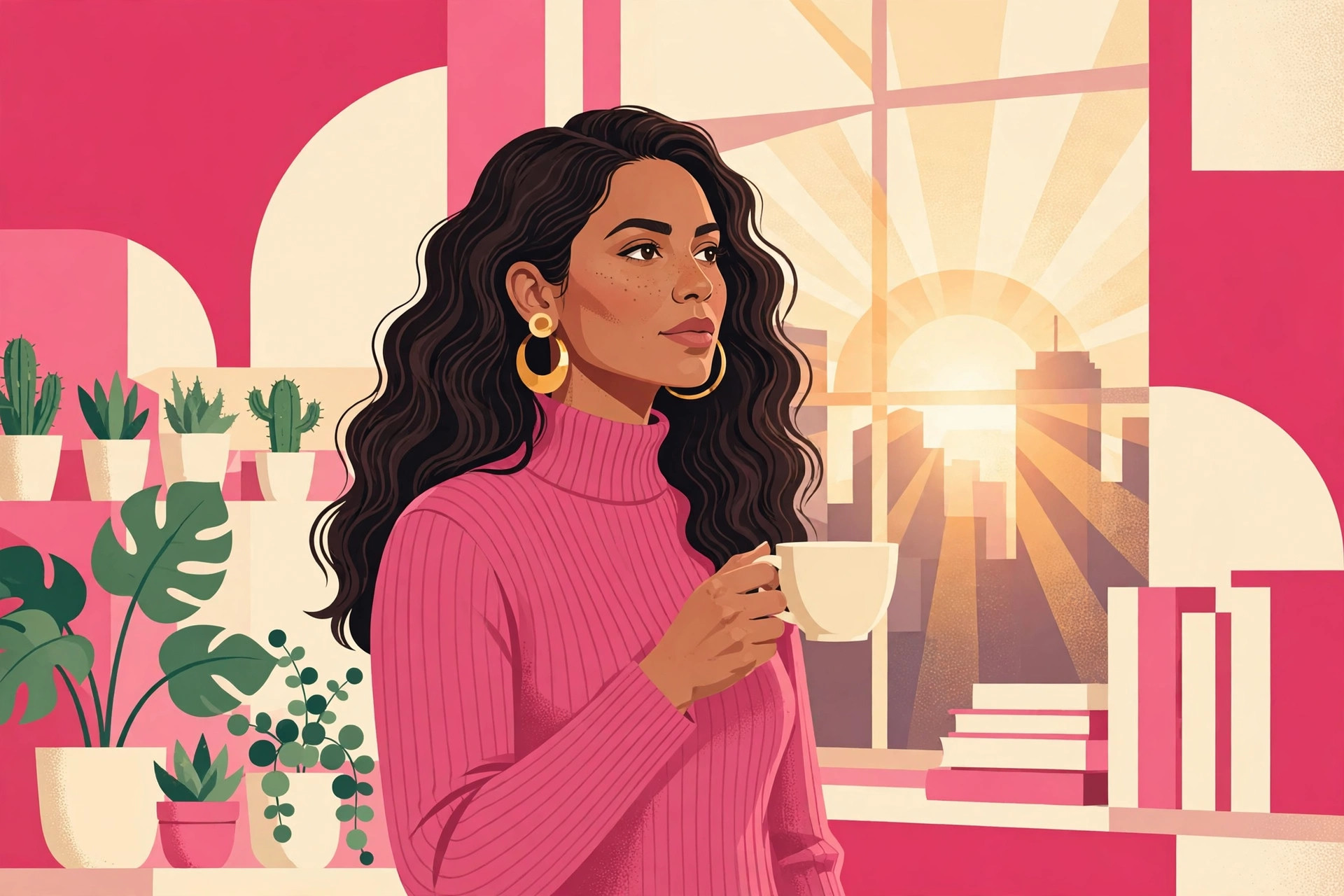 Gloria Cruz at her apartment window at sunrise, coffee in hand, stylized illustration. AI-generated dramatization art