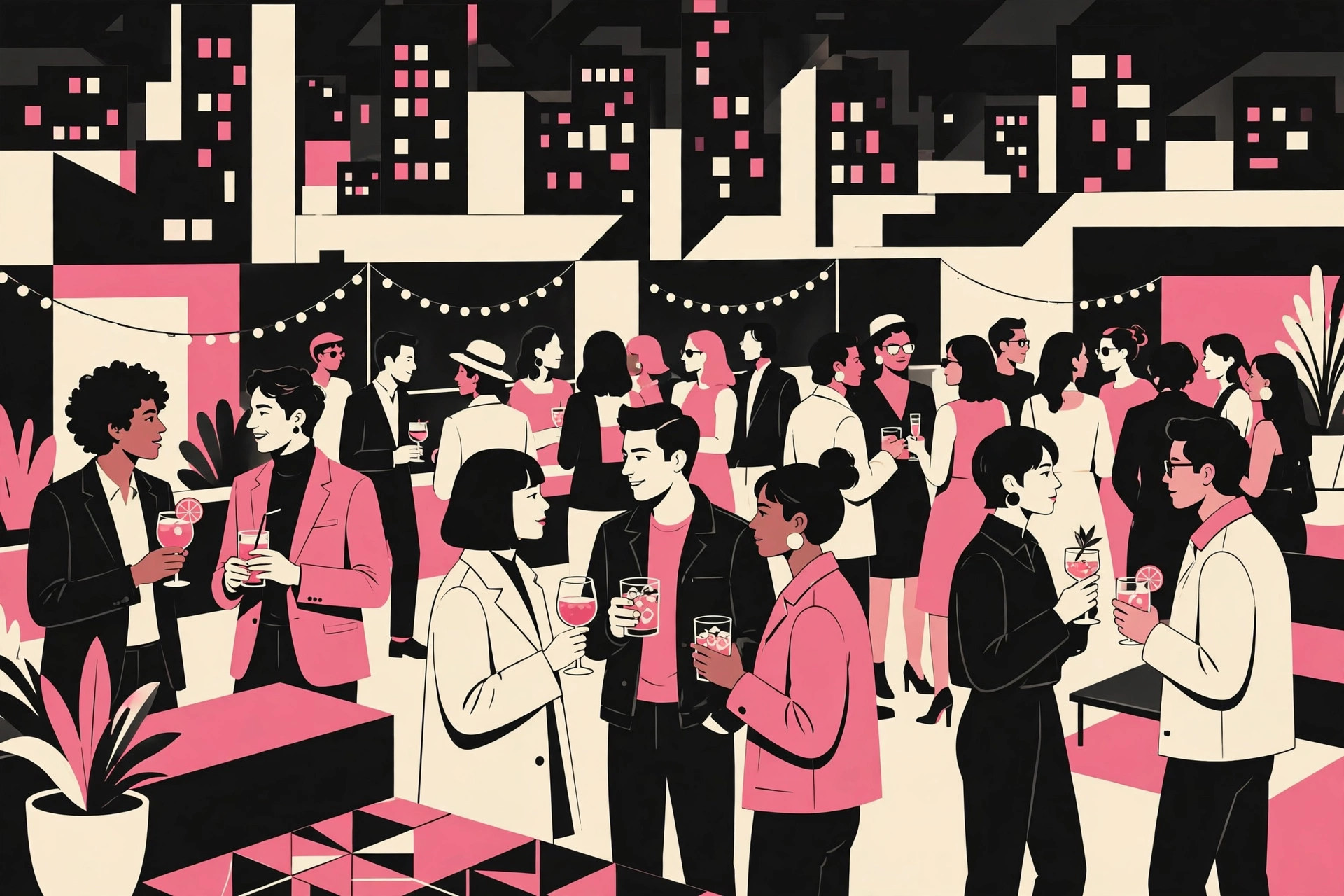Stylized illustration of a crowded rooftop networking event at night. AI-generated dramatization art