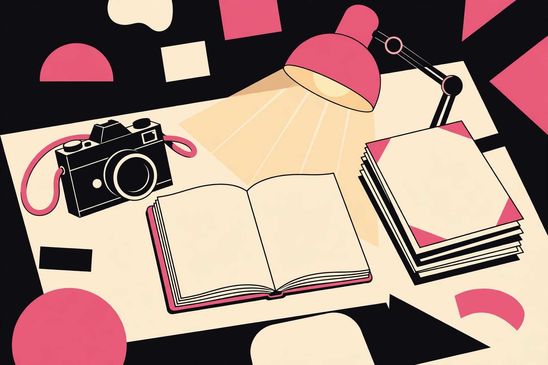 Stylized illustration of an editor's desk with notebook, camera, and printed proofs. AI-generated dramatization art