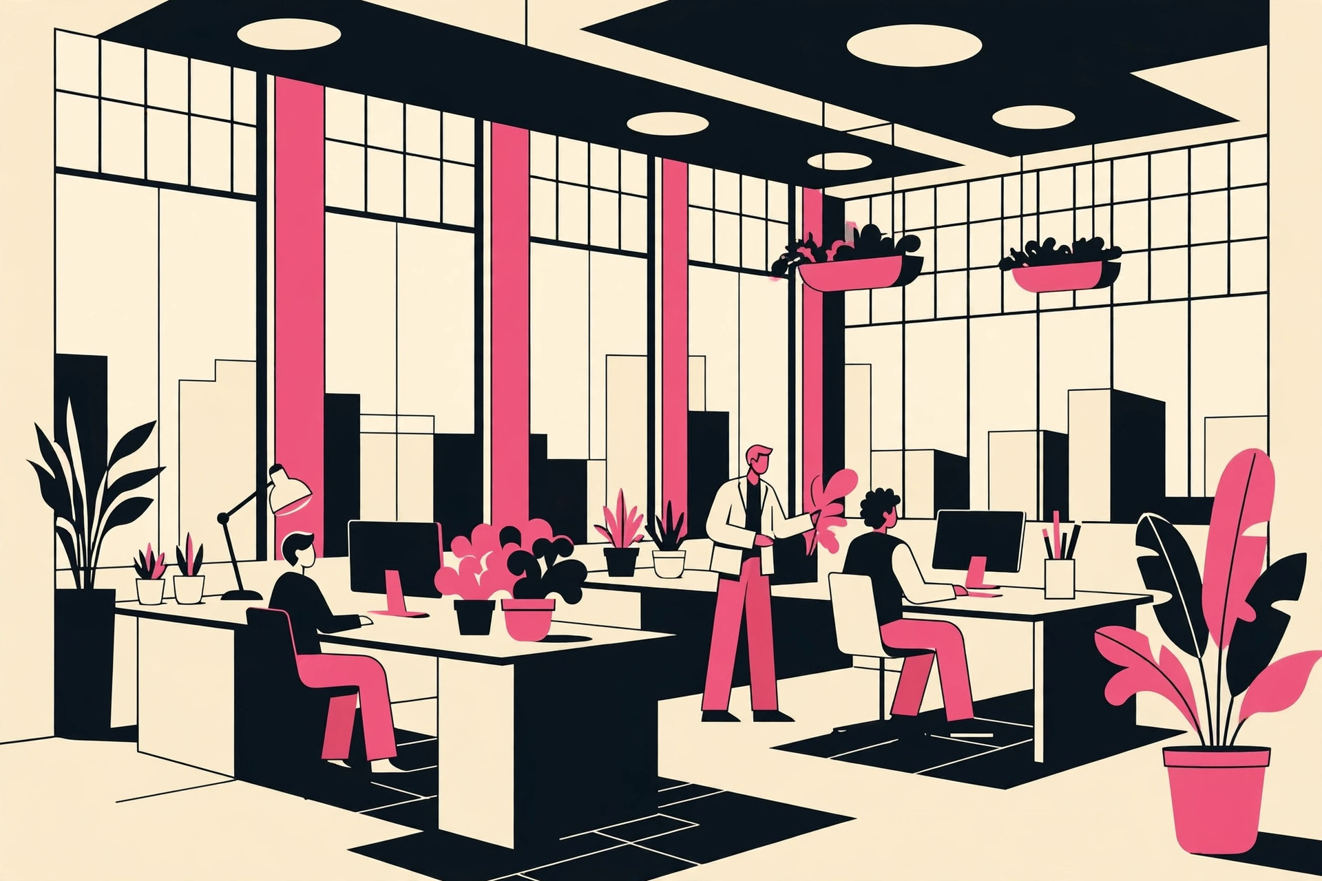 Stylized illustration of a modern open-plan office with big windows. AI-generated dramatization art