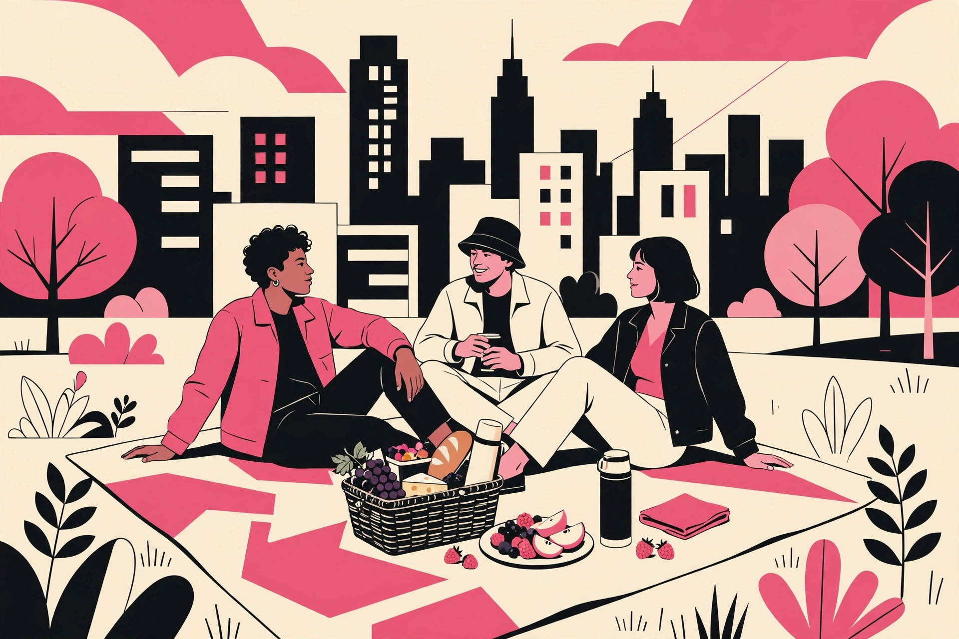 Stylized illustration of a weekend picnic in a city park. AI-generated dramatization art