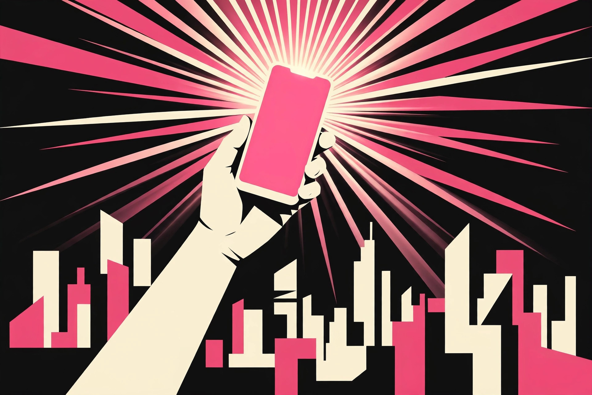 Stylized illustration of a glowing phone screen held up over the city at night. AI-generated dramatization art