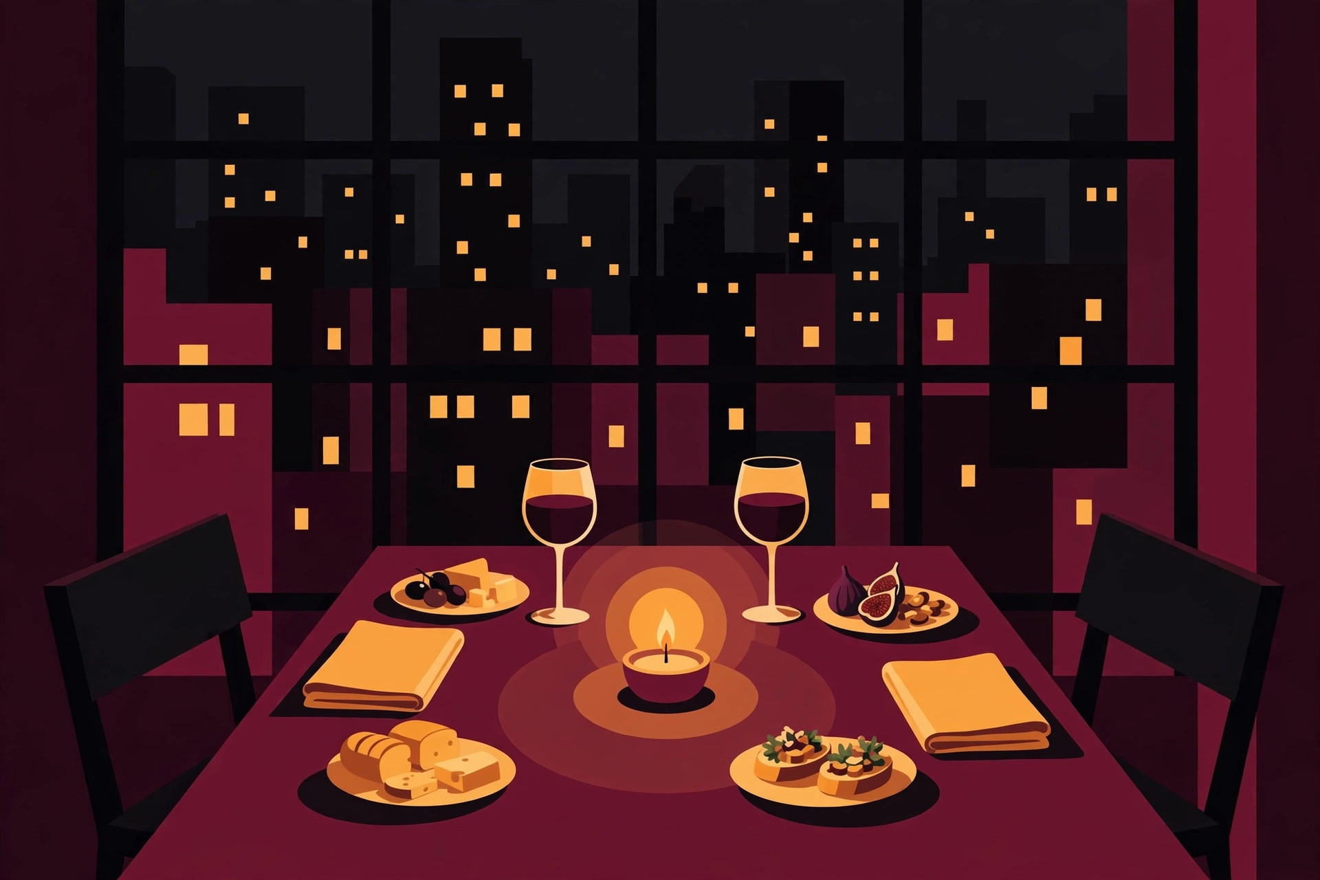 Stylized illustration of a candlelit restaurant table for two in the city. AI-generated dramatization art