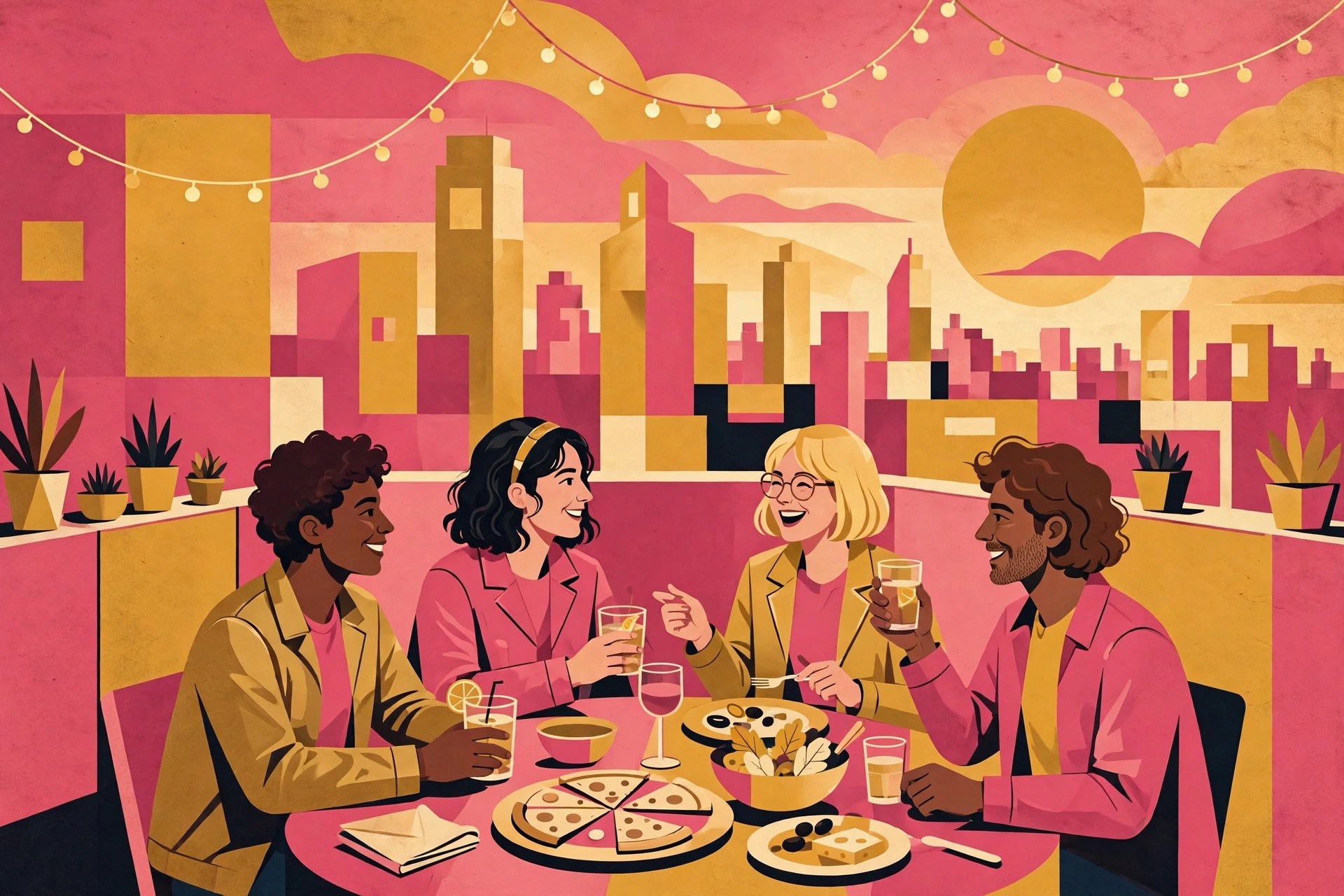 Stylized illustration of friends sharing dinner on a rooftop at sunset. AI-generated dramatization art