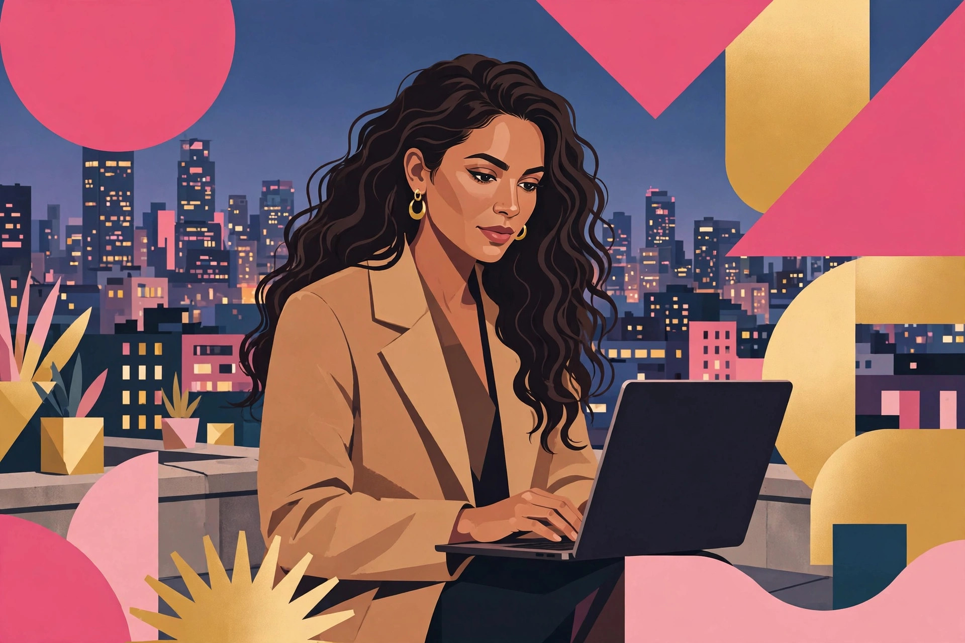 Gloria Cruz on a rooftop overlooking the city at dusk, laptop open, stylized illustration. AI-generated dramatization art