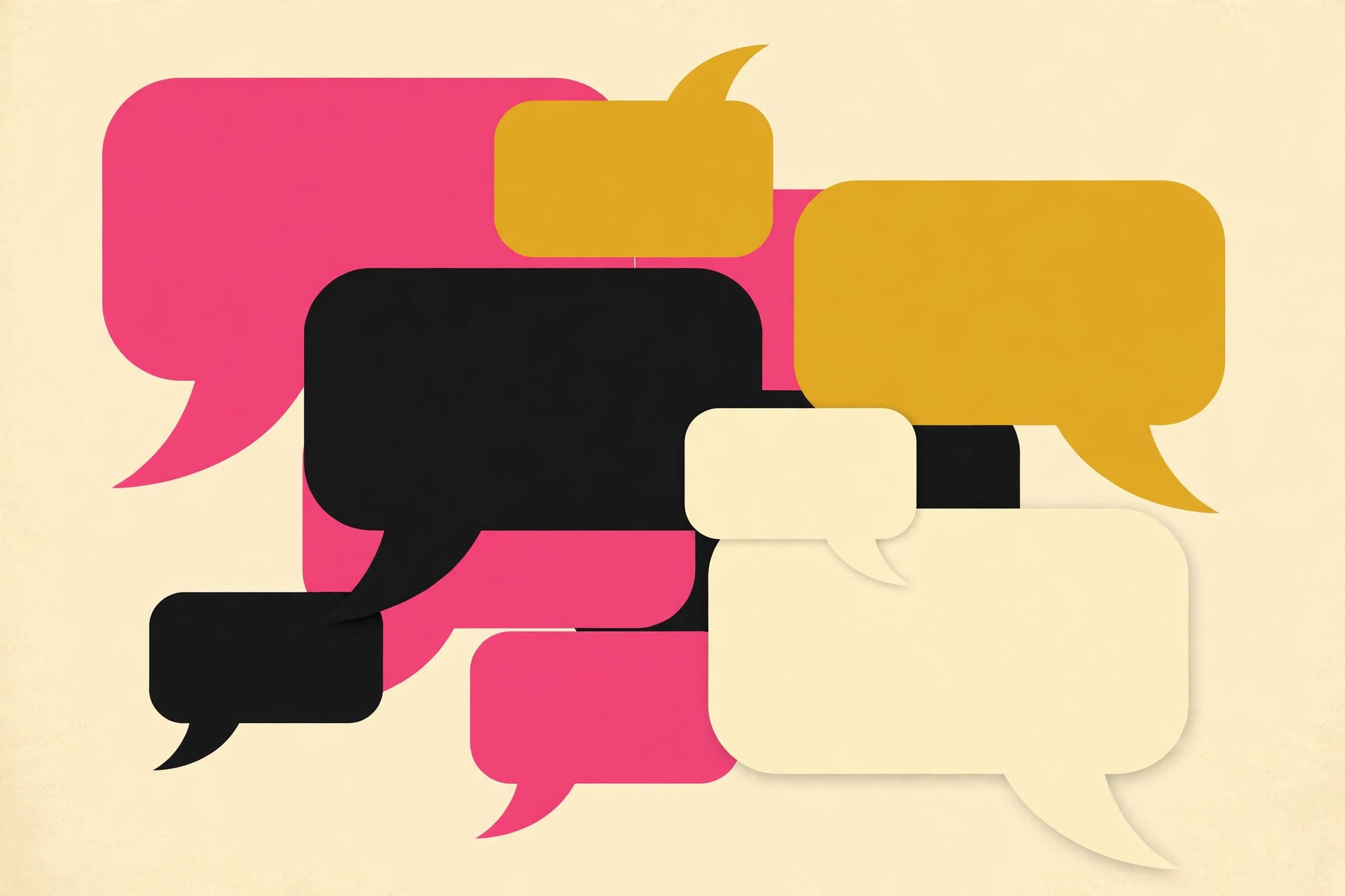 Stylized illustration of overlapping speech bubbles in pink and black over a cream background. AI-generated dramatization art