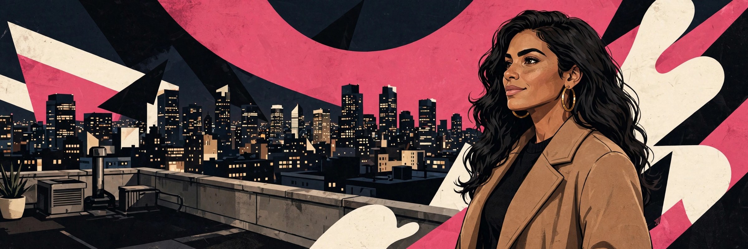 Wide banner illustration of Gloria Cruz, the original fictional city persona, on a city rooftop at night for the stream page. AI-generated dramatization art