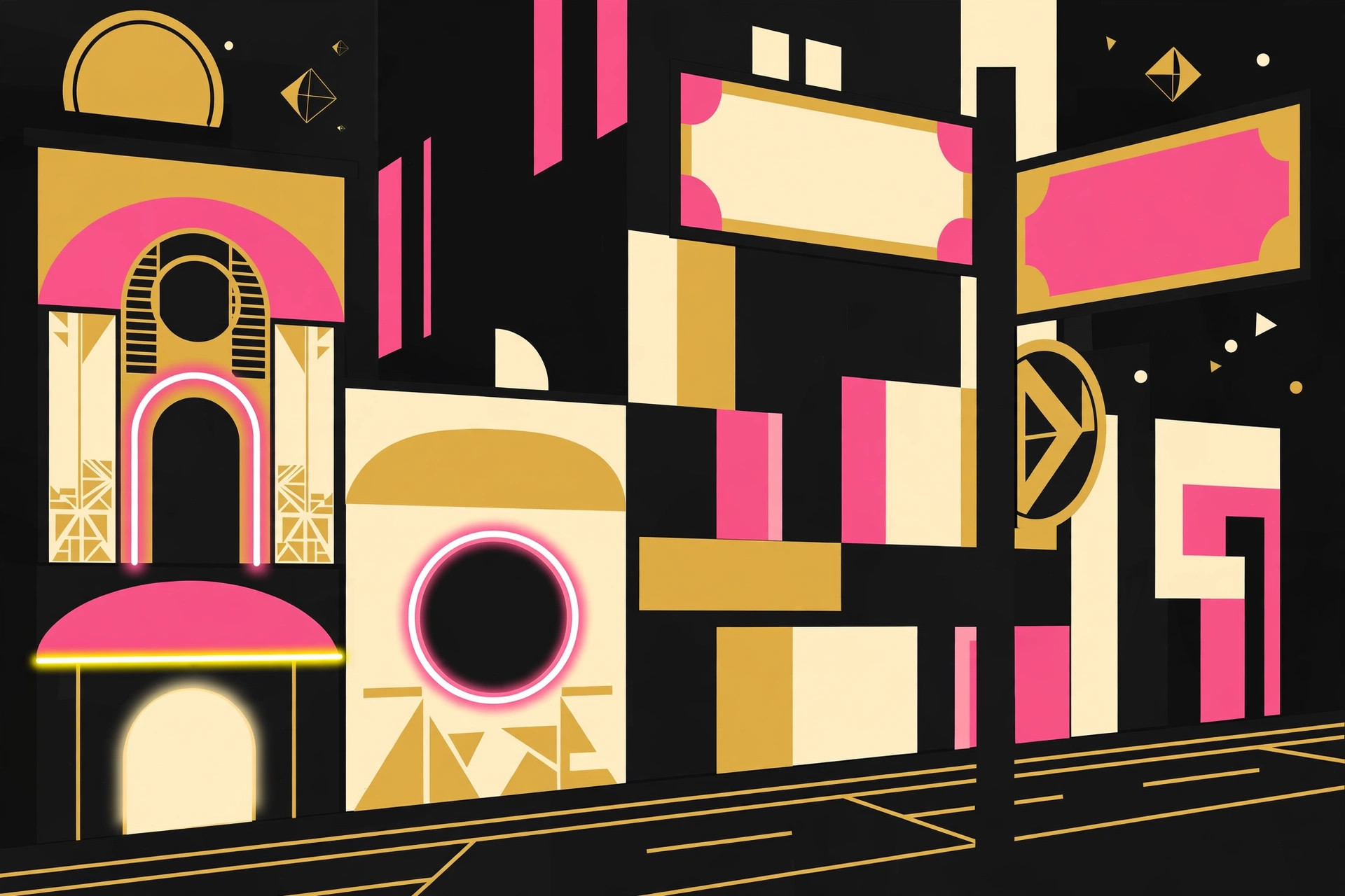 Stylized illustration of city street signs and neon shopfronts at night. AI-generated dramatization art