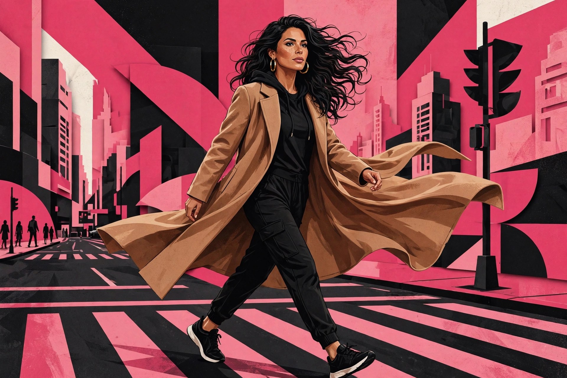 Stylized illustration of Gloria Cruz in street-style attire crossing a city avenue. AI-generated dramatization art