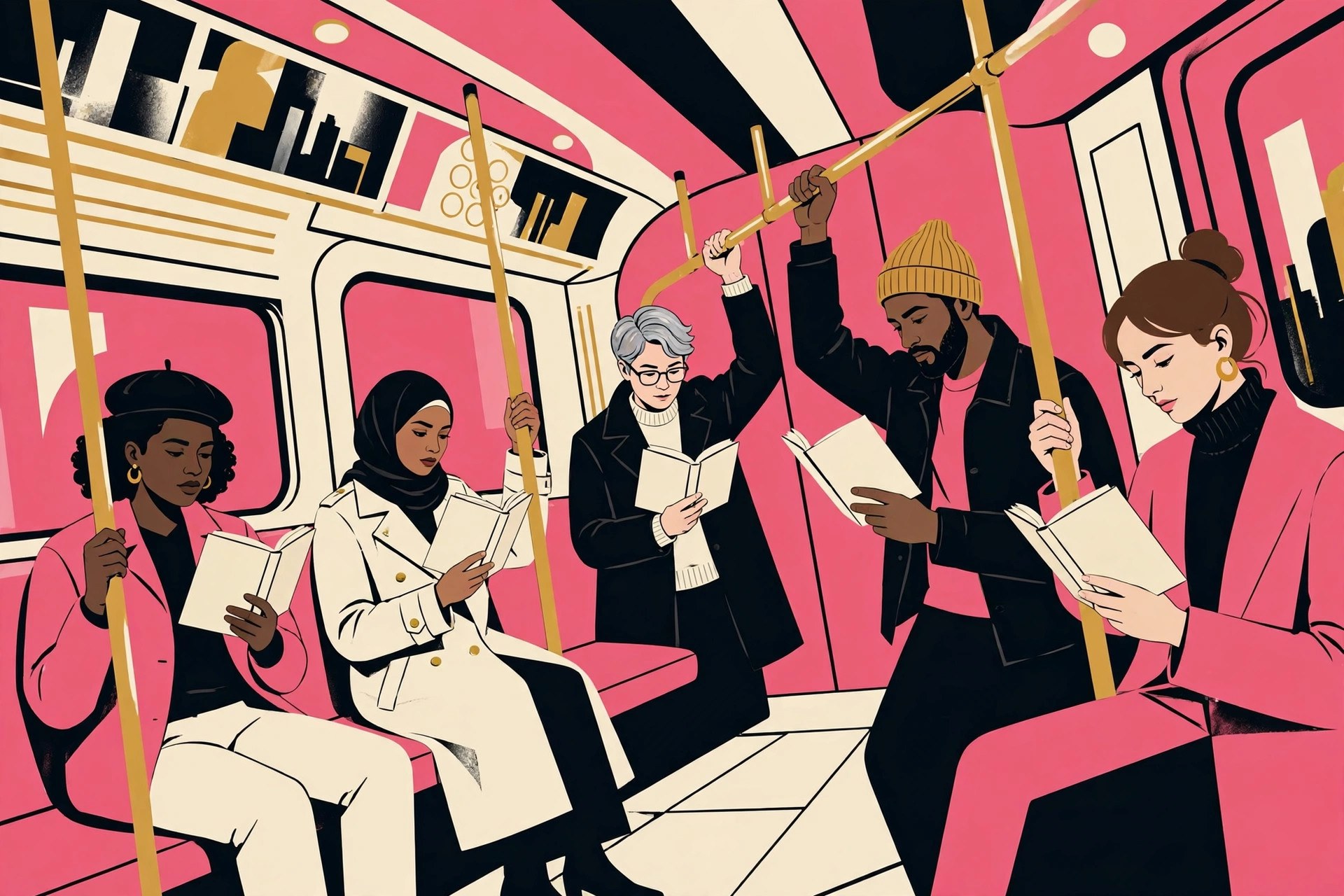 Stylized illustration of a subway car interior with passengers in editorial colors. AI-generated dramatization art