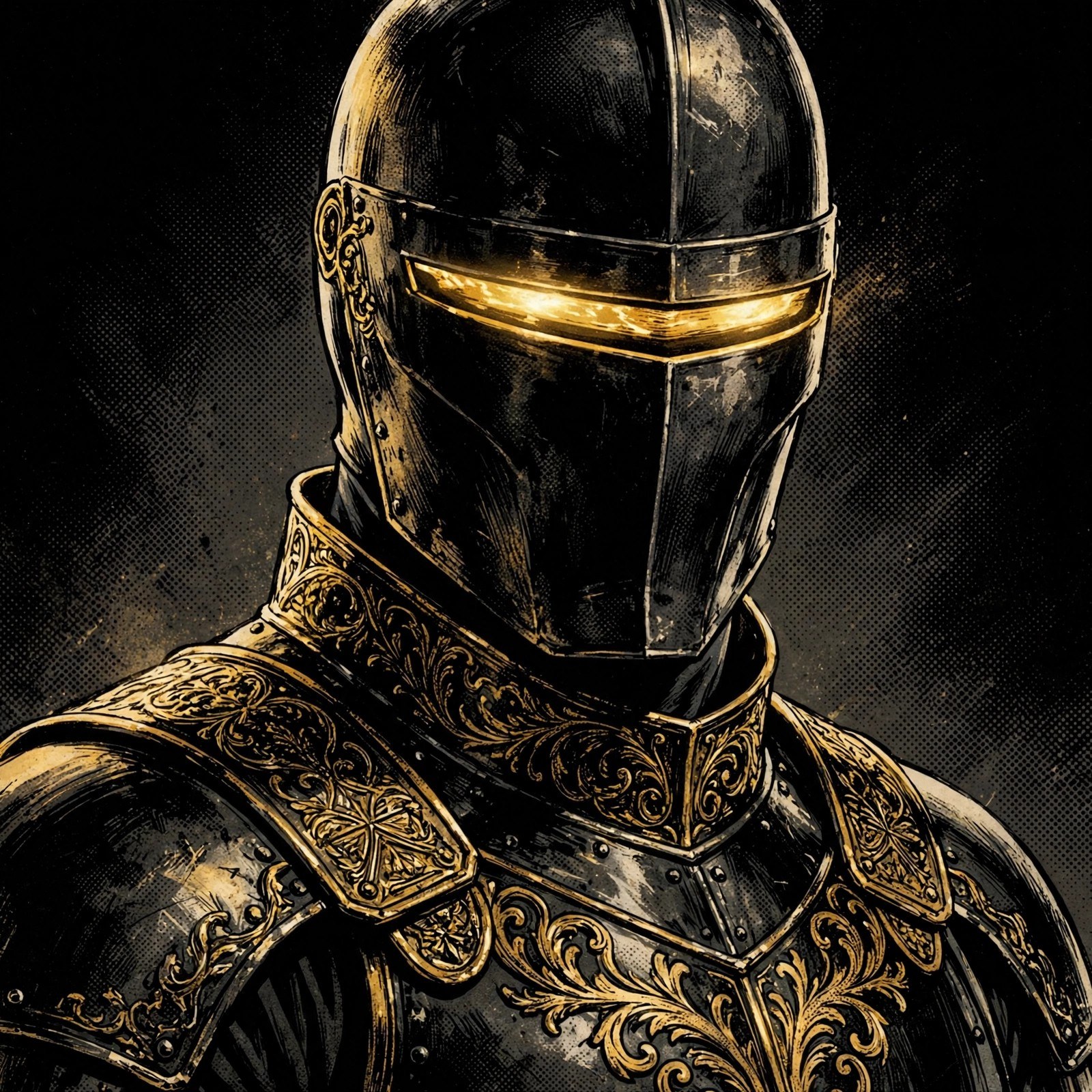 AI-generated bust portrait of the Golden Black hero: black plate armor with gold filigree and a glowing gold visor slit