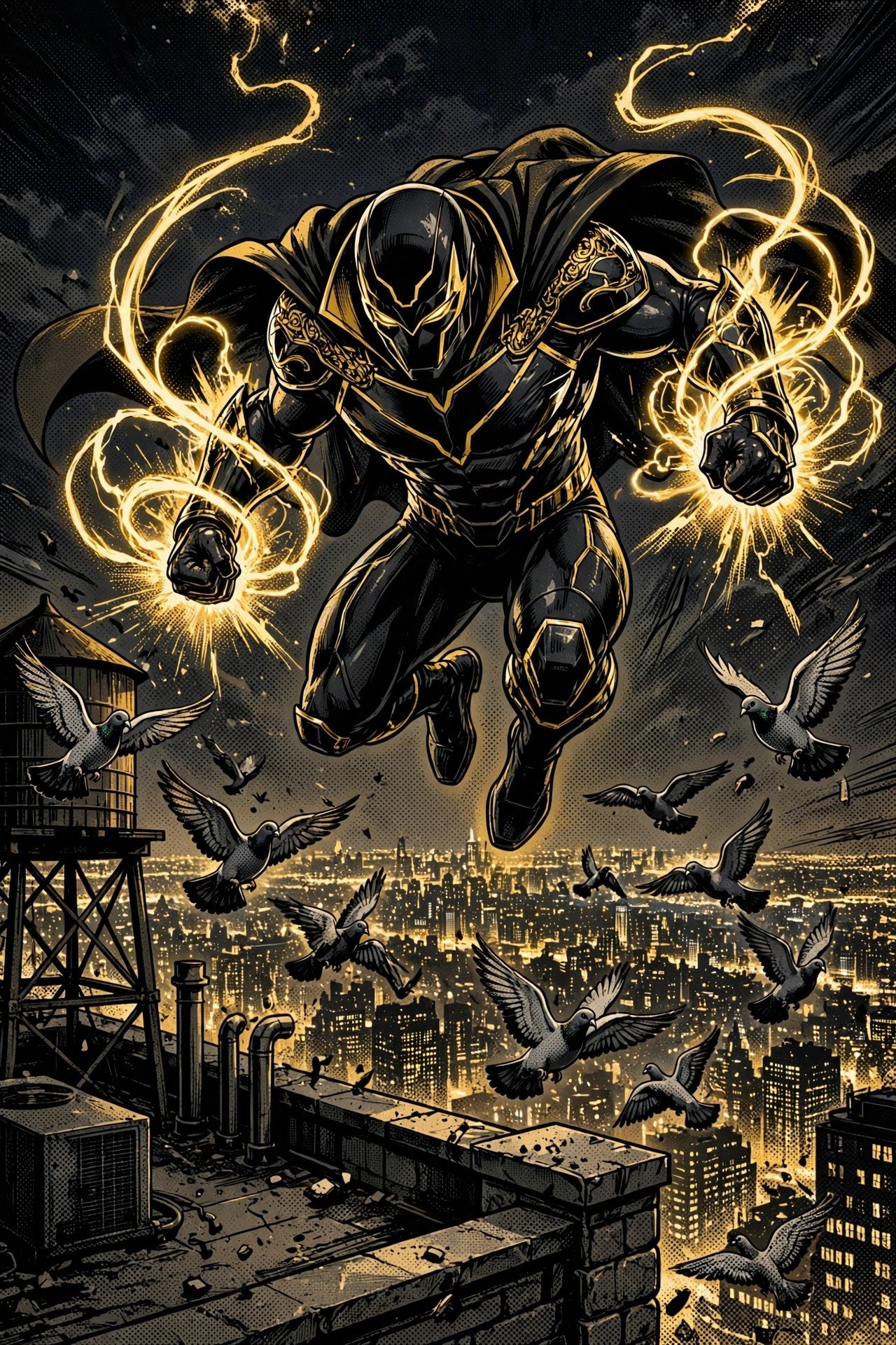 AI-generated scene: the hero hovering over a night rooftop in golden energy