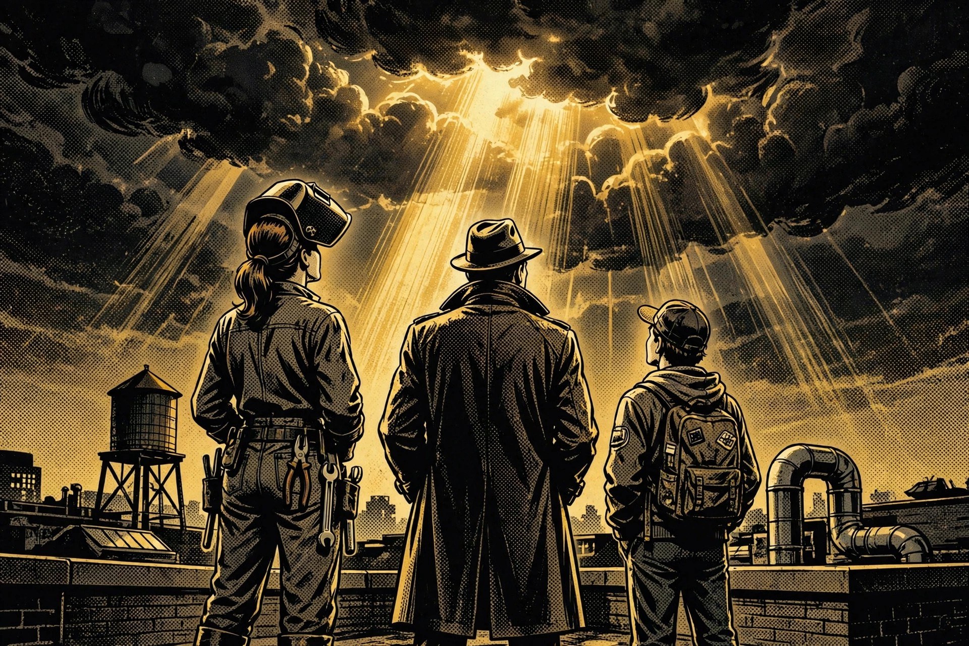 AI-generated scene: three allies in silhouette on a rooftop, looking up at a beam of golden light