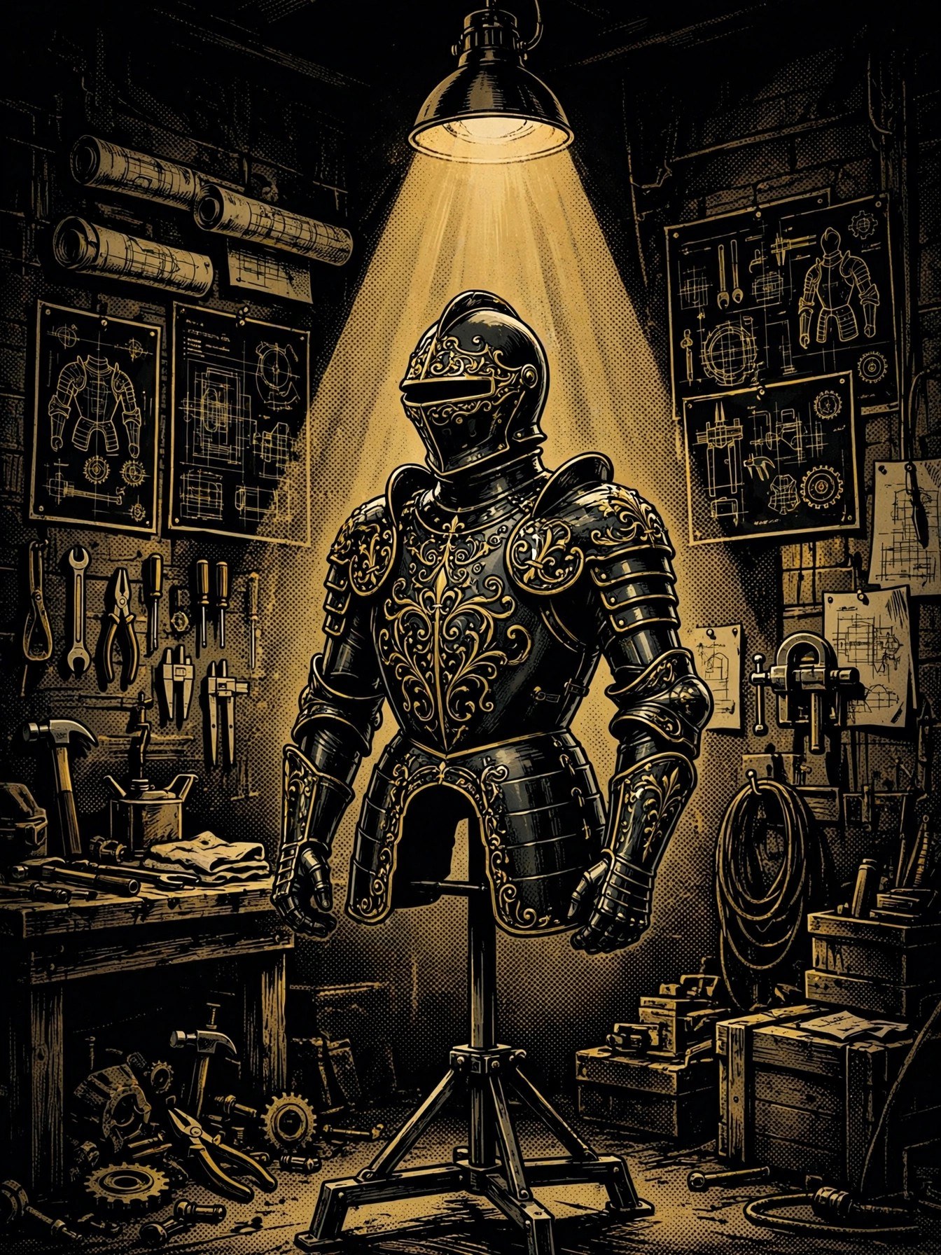 AI-generated scene: the Aurum Armor in the dark workshop