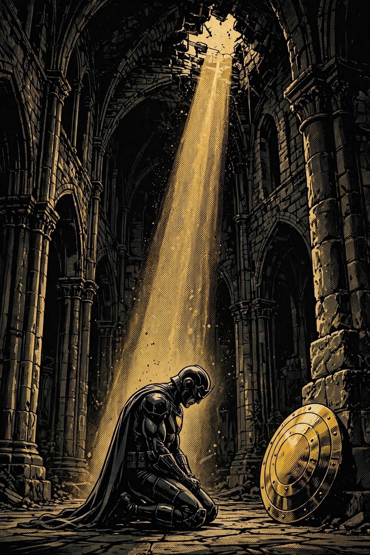 AI-generated scene: the hero kneeling in a shaft of golden light in a dark hall