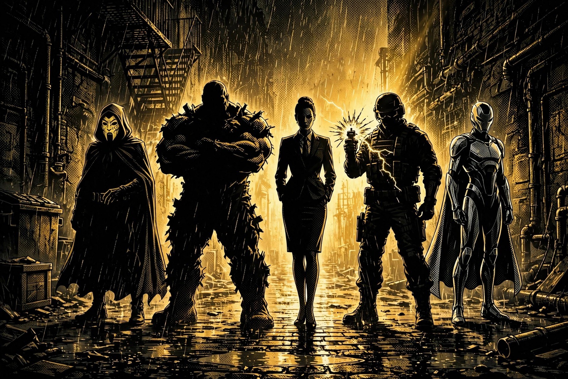 AI-generated scene: five villain silhouettes in a rain-wet alley backlit in gold