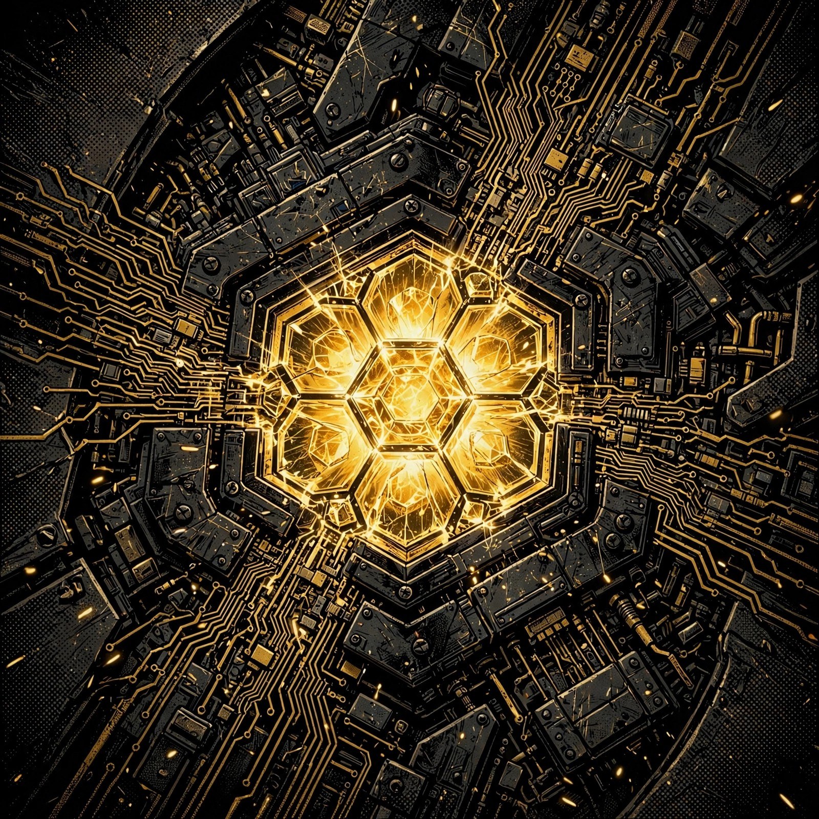 AI-generated close-up: the glowing golden Heart of Aurum set in black armor plating