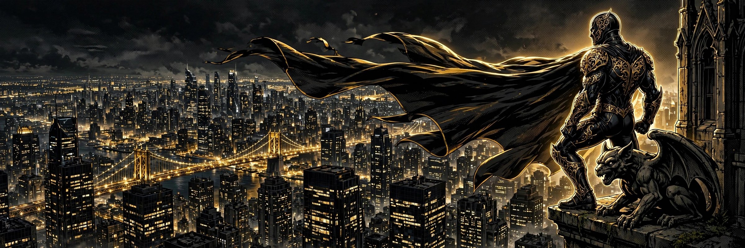 AI-generated banner art: the Golden Black hero above Aurum City at night