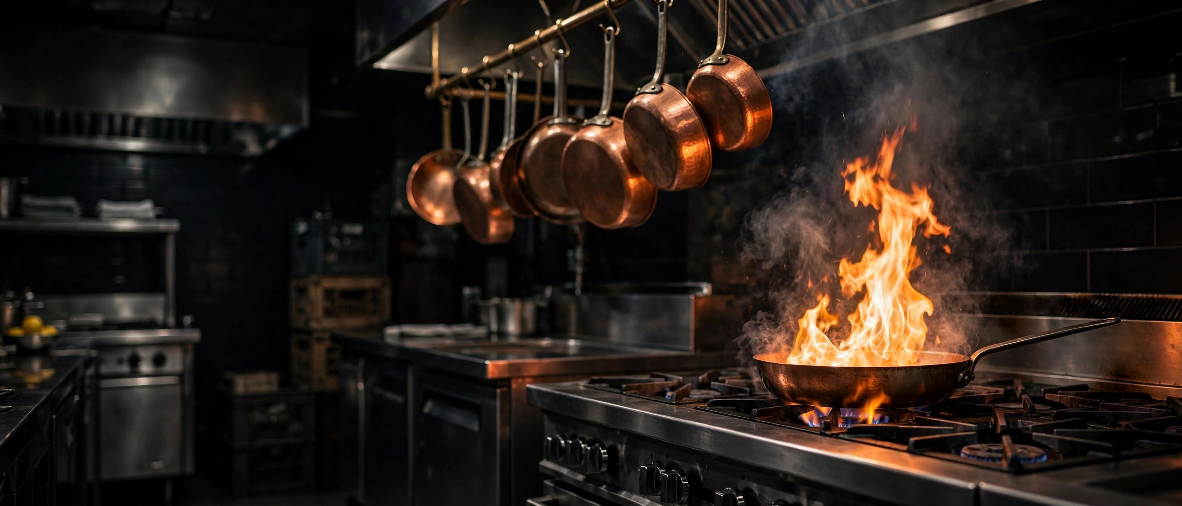 Abstract AI-generated kitchen scene: a professional kitchen at night with copper light and flames, no people
