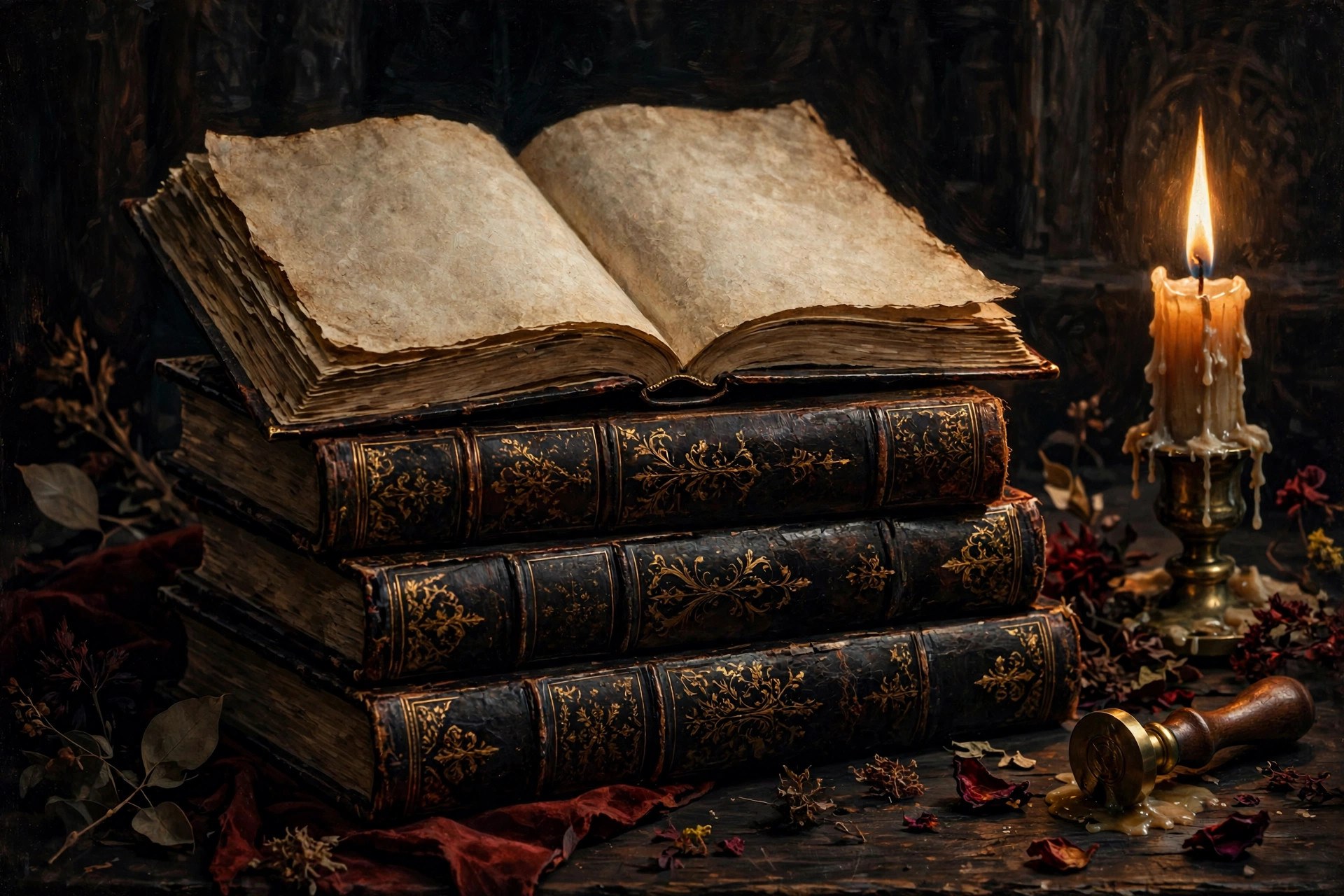 A stack of antique leather-bound novels with gilt titles, candlelit