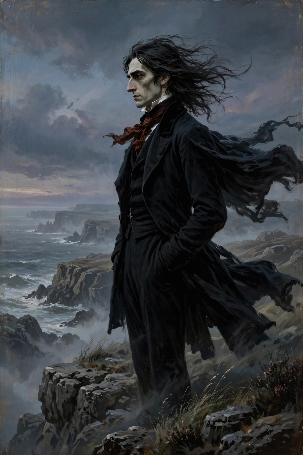 The Gothic Male as a brooding Byronic figure on a windswept cliff, coat billowing