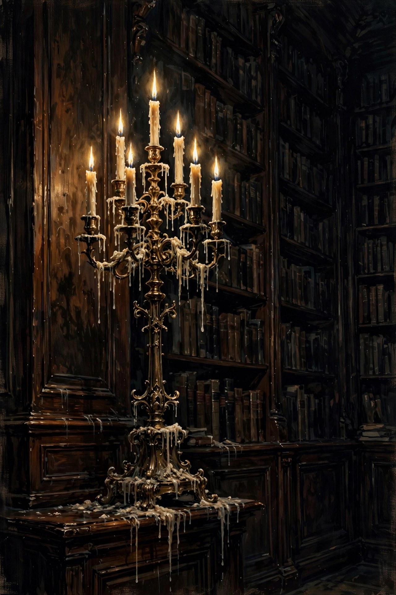 A candelabra burning in a dark wood-paneled study, wax dripping, books behind
