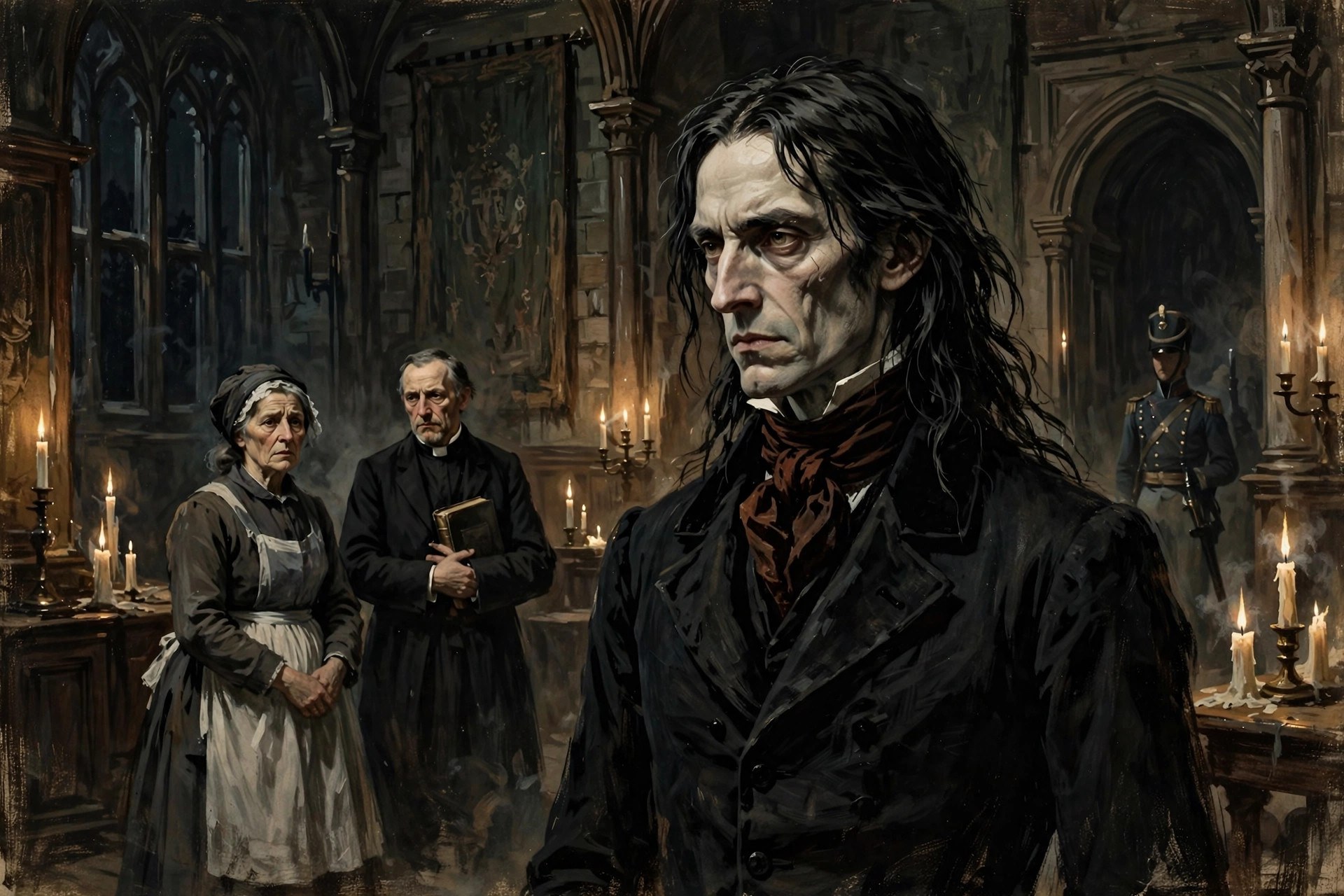 The Gothic Male with shadowed figures of the manor household behind him in a candlelit hall