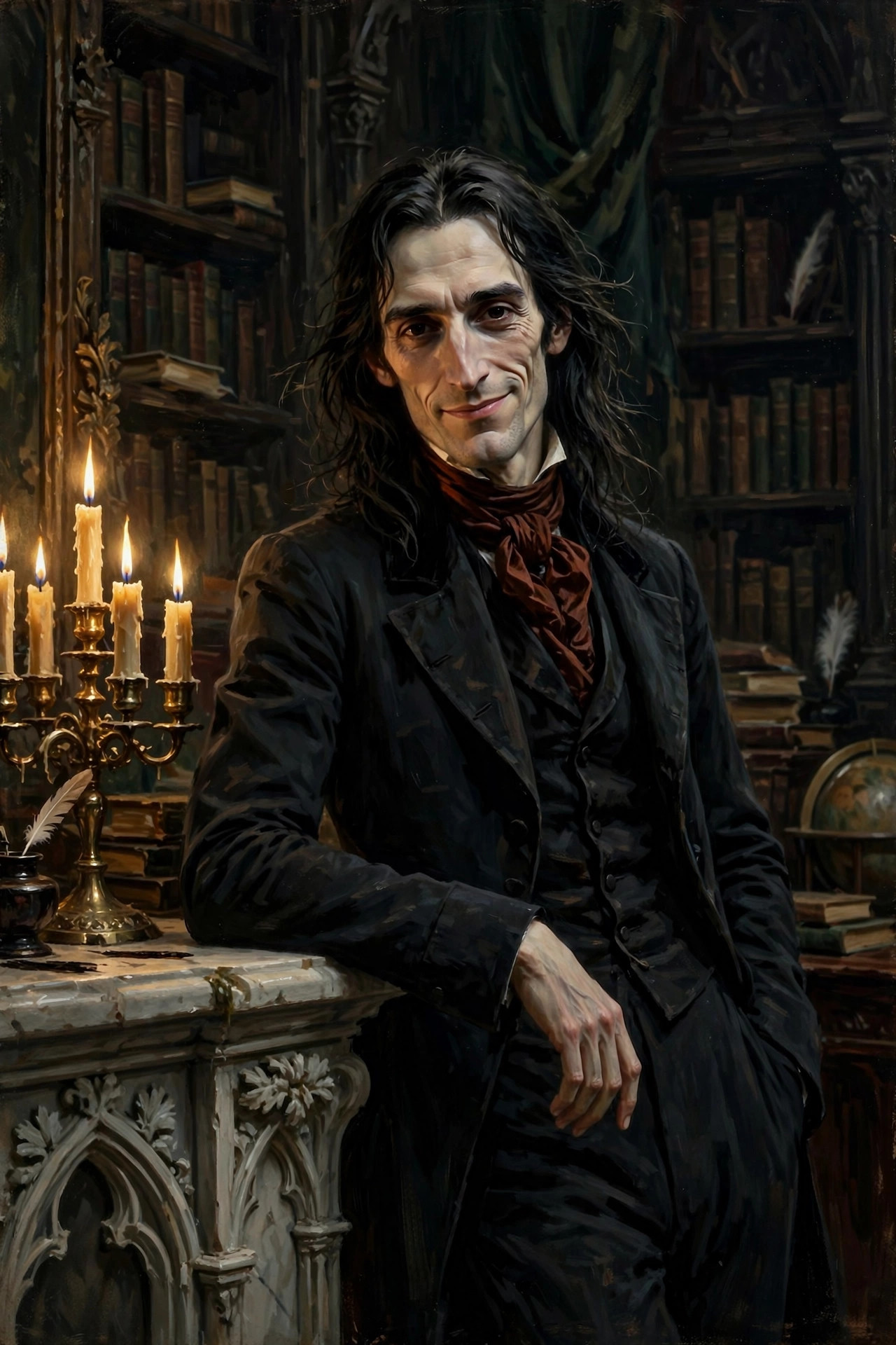 The Gothic Male leaning on a mantelpiece, addressing the viewer with a wry half-smile