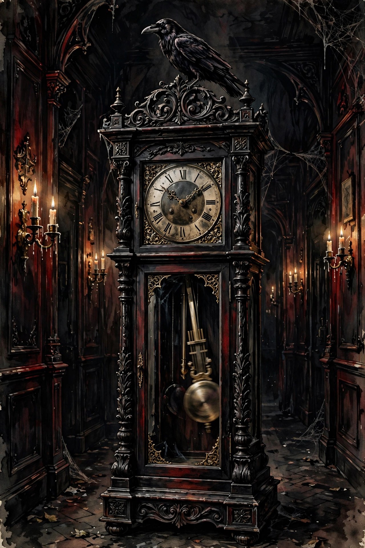 An ornate longcase clock with a raven perched atop, pendulum mid-swing
