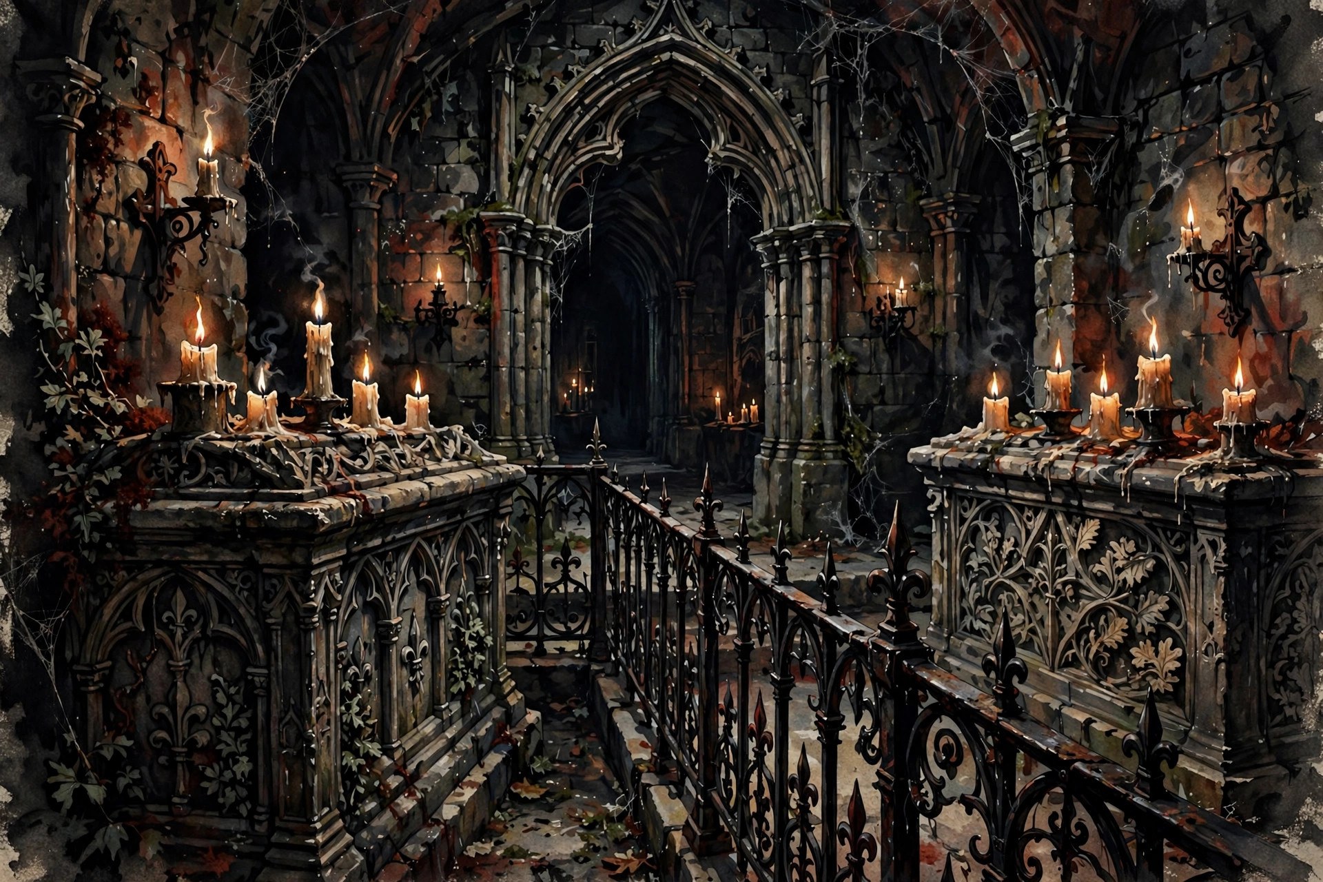 A candlelit stone crypt with carved sarcophagi and iron railings