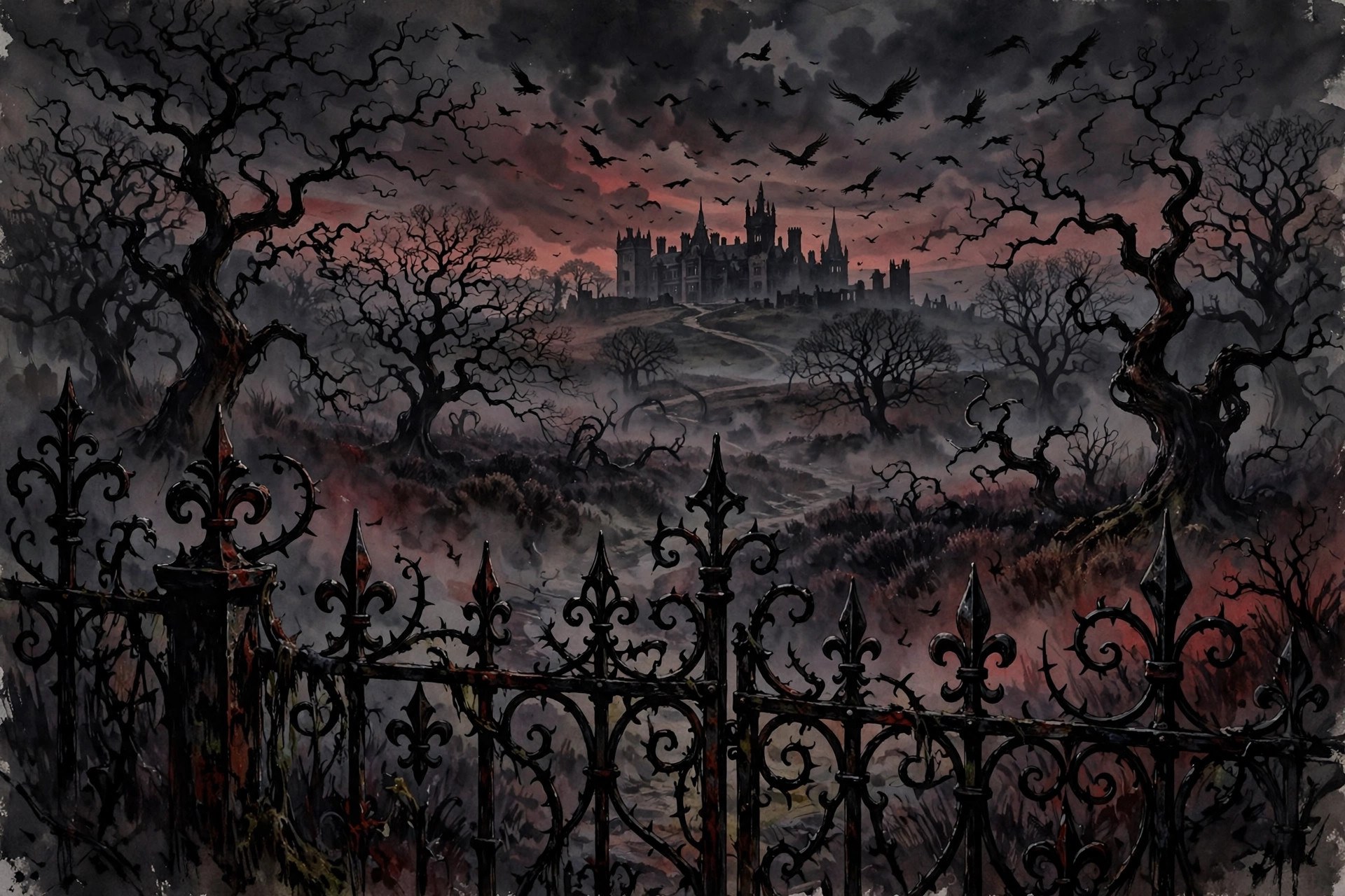 A misty moorland estate at dusk with a distant manor and wrought-iron gate
