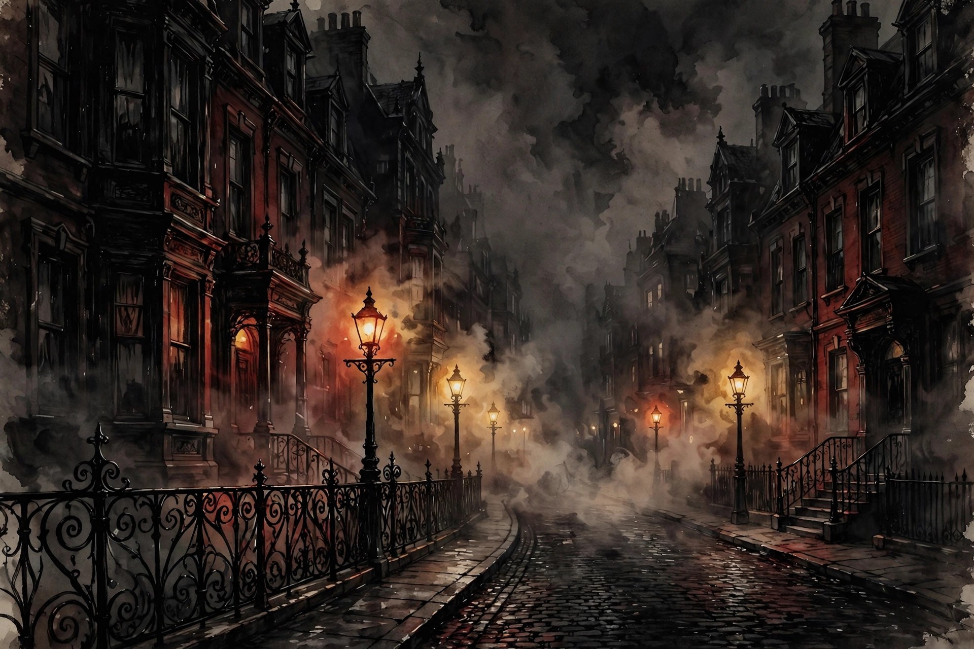 Thick fog rolling through a lamplit Victorian street at night