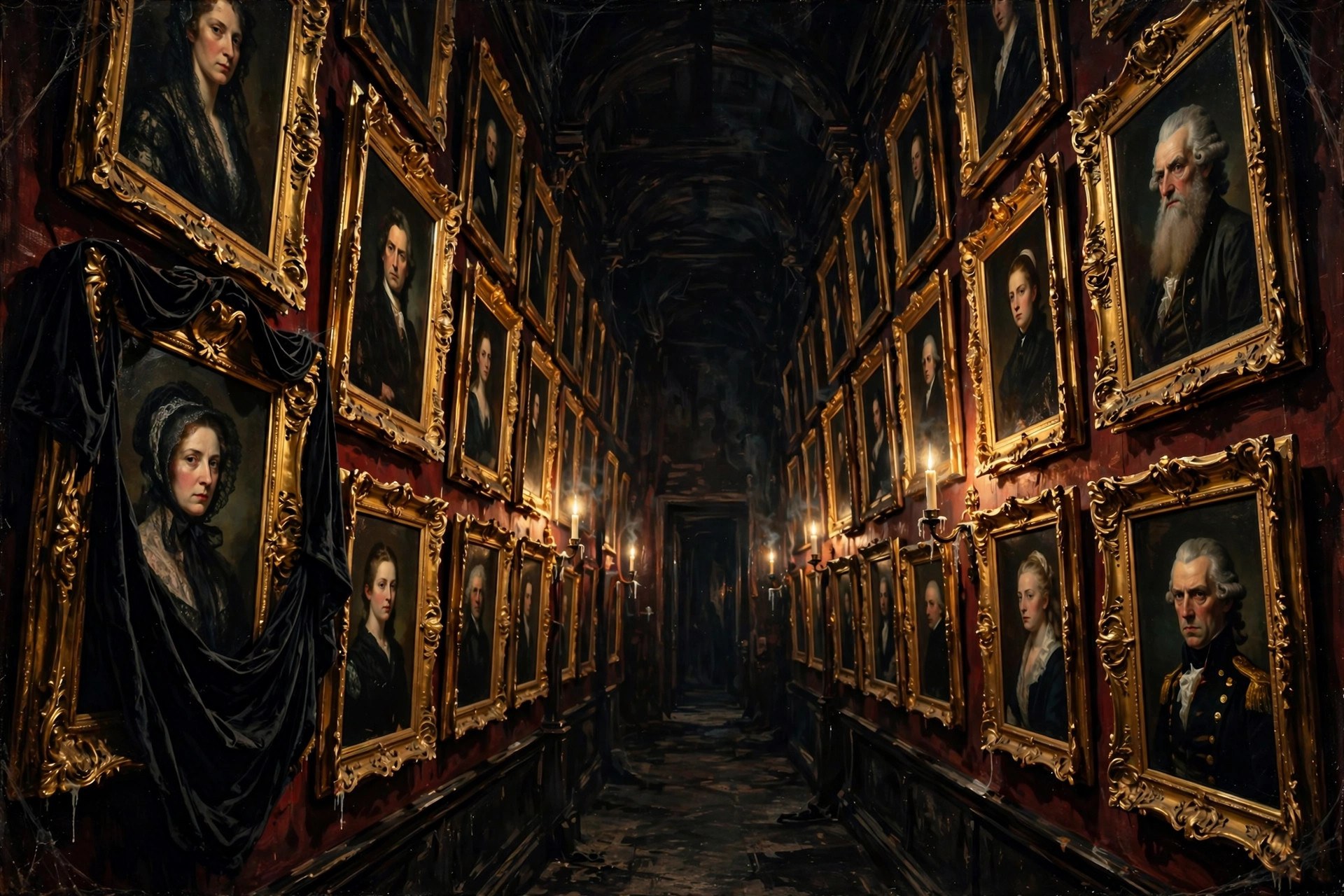 A portrait gallery corridor with gilt frames and watching painted eyes