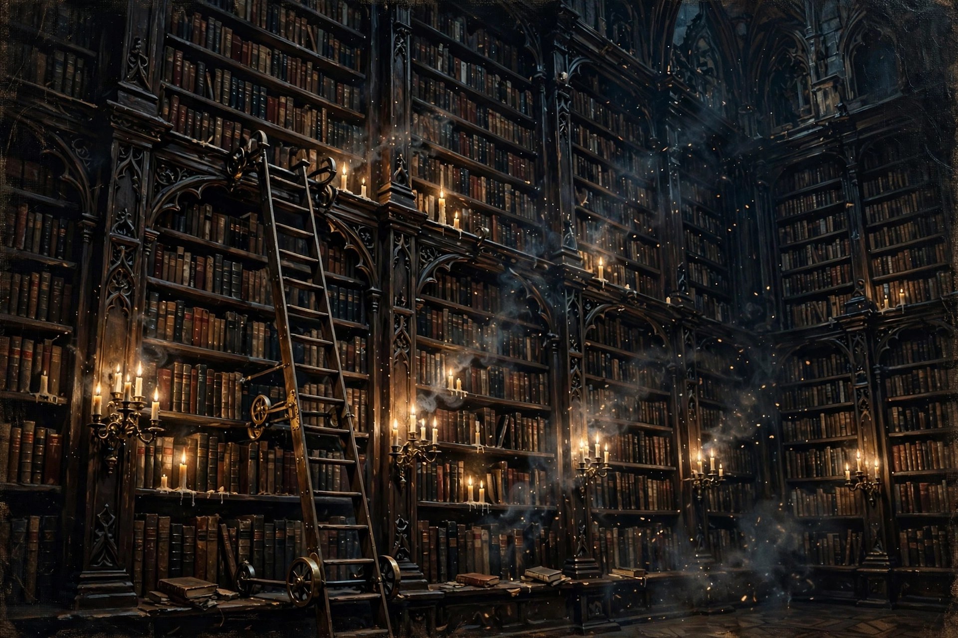 A towering gothic library with ladders, candles, and endless shelves