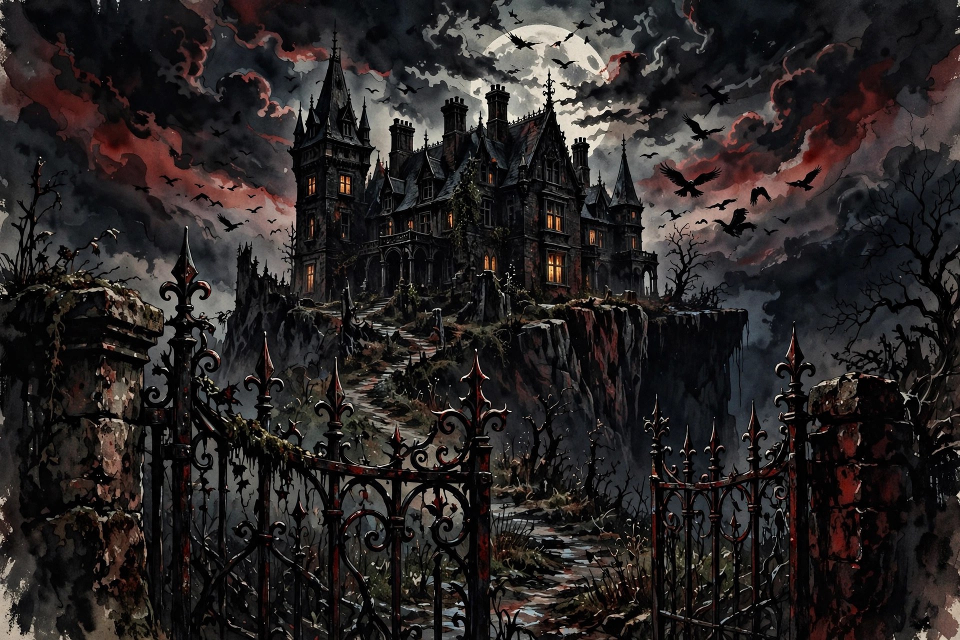 A looming Victorian manor house on a cliff at night, windows lit, beneath a full moon
