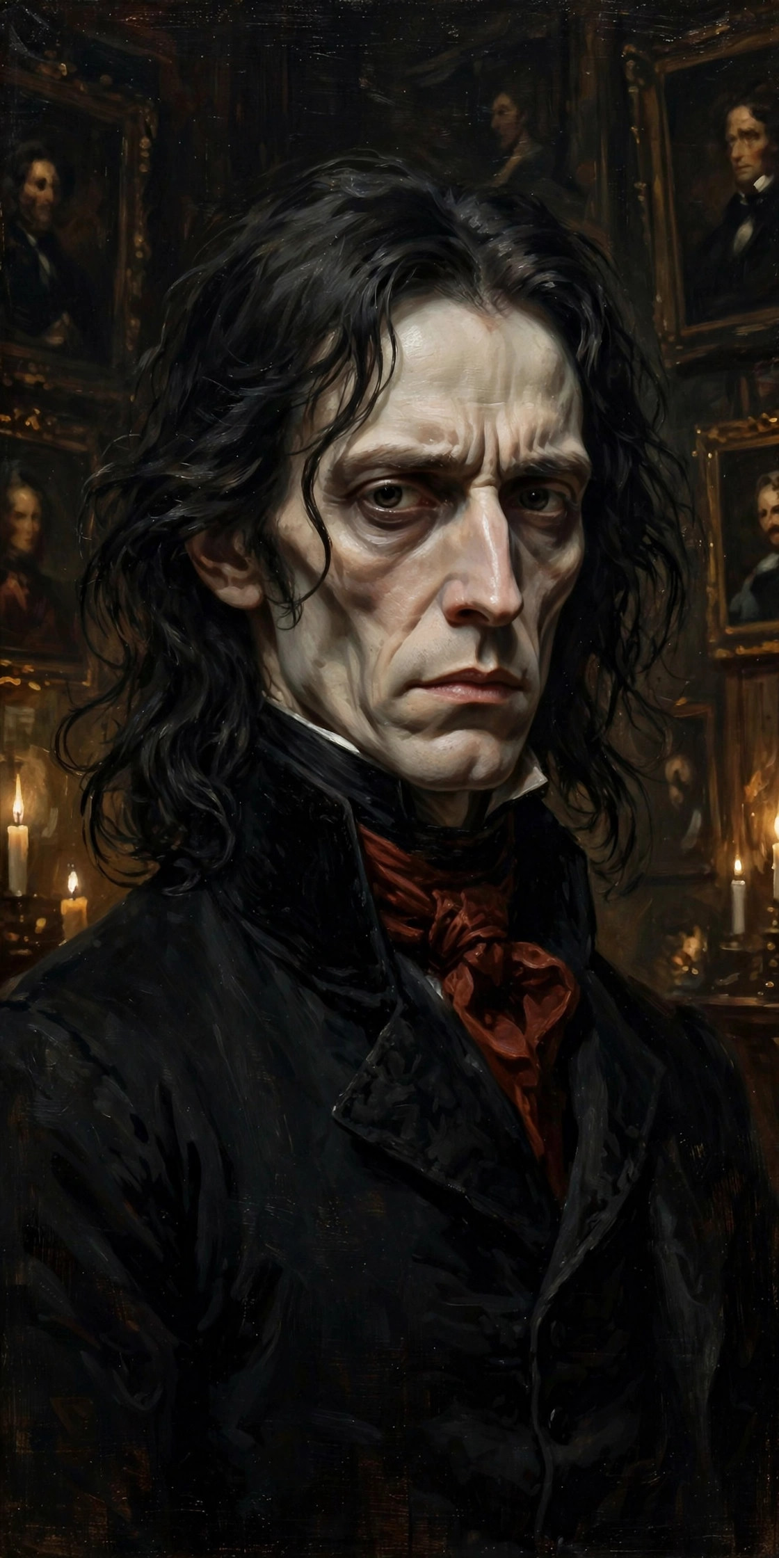 Portrait of the Gothic Male: a tall gaunt gentleman with long dark hair, high-collared black coat, oxblood cravat