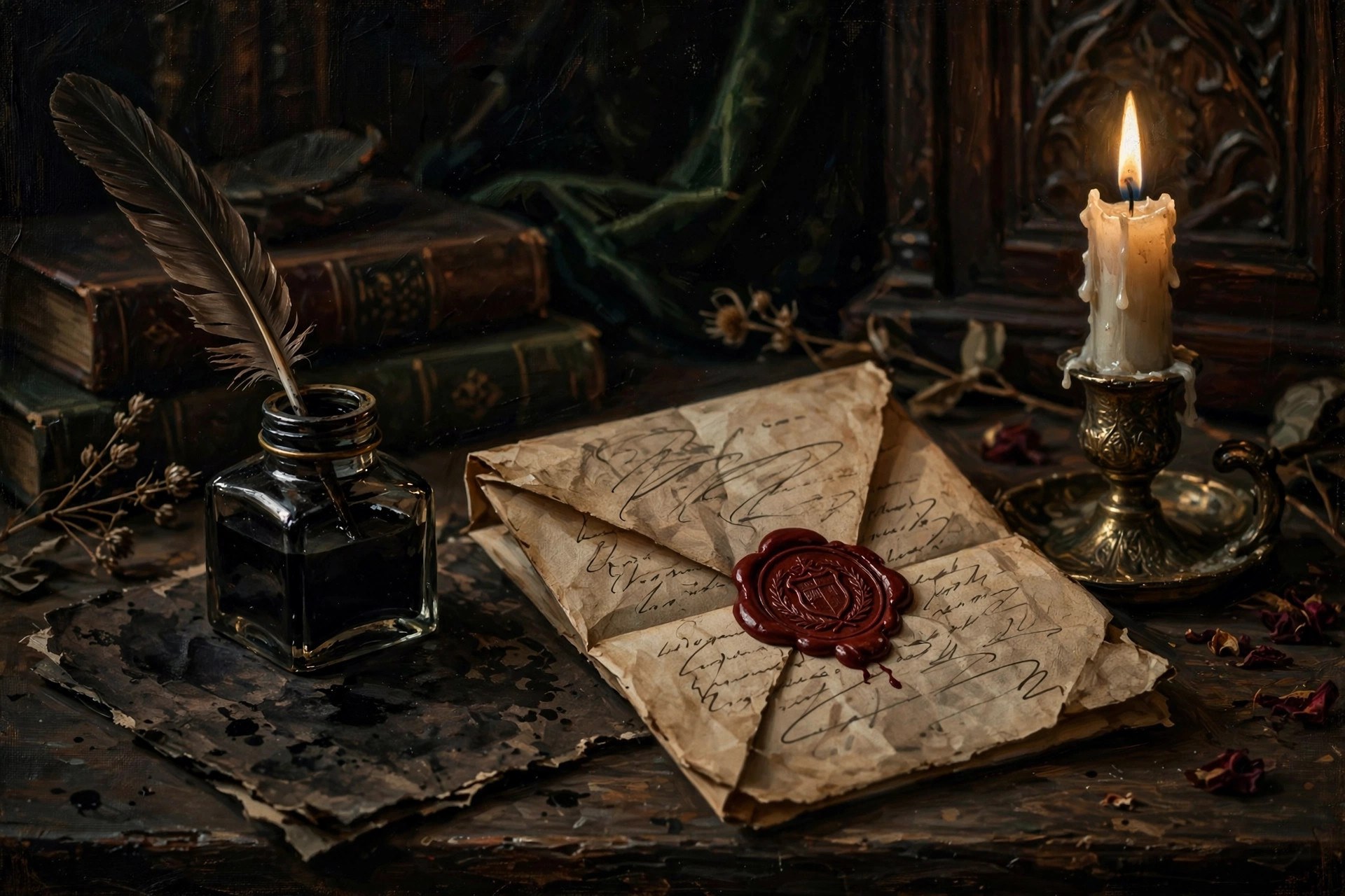 A quill pen and inkwell on a blotter beside a half-written letter by candlelight