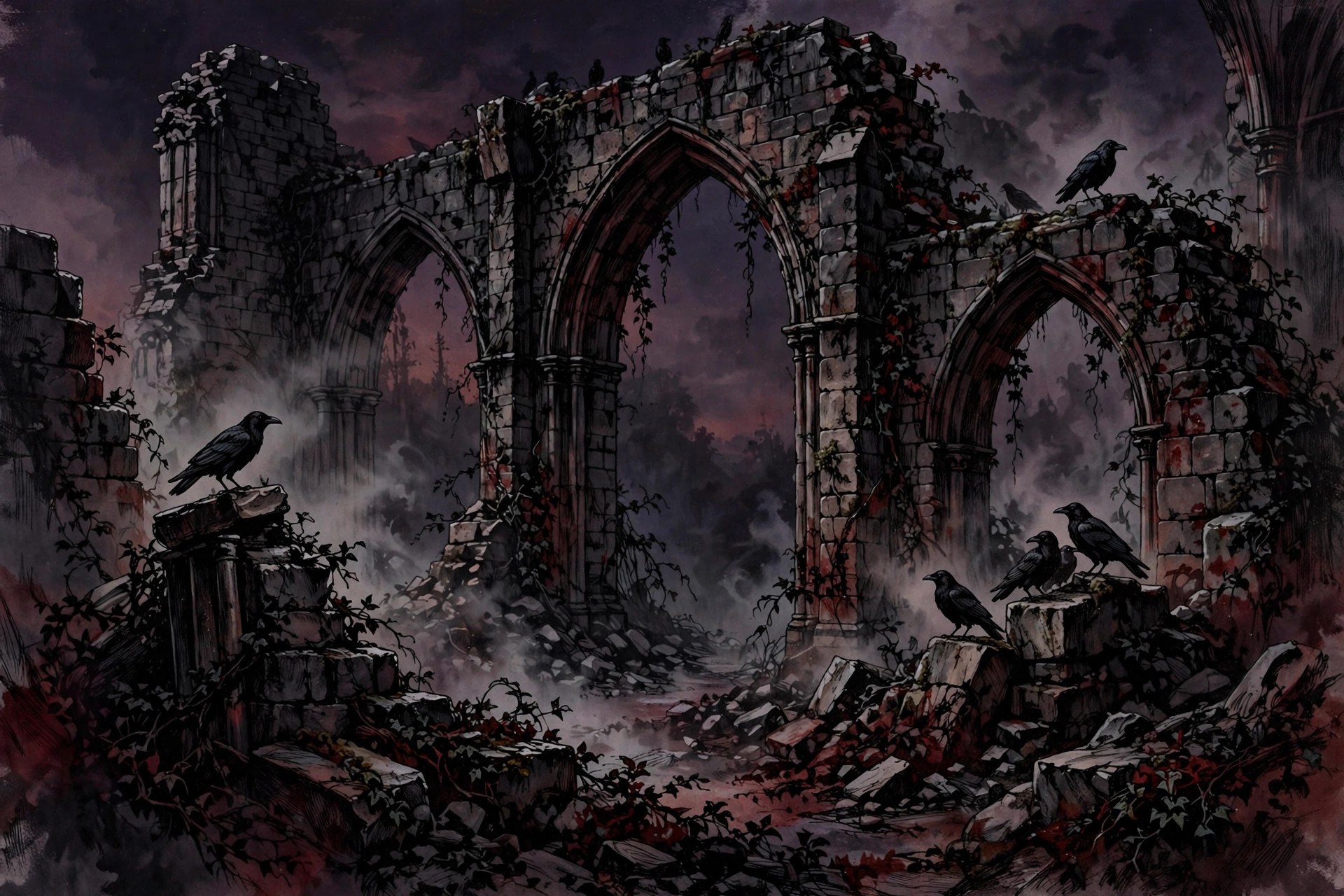 Ruined gothic abbey arches at twilight, ivy and mist