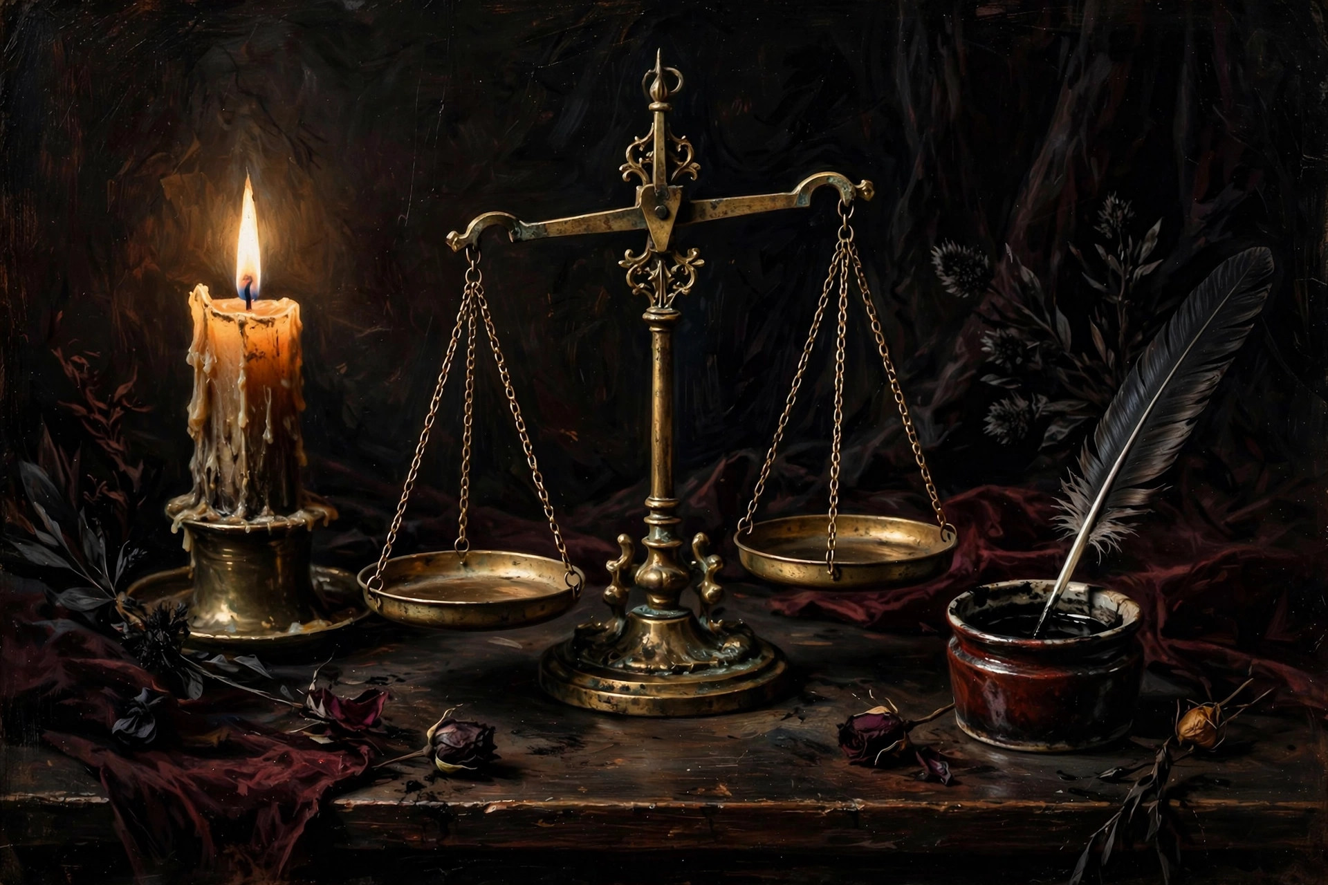 A balance scale on a desk between a candle and a quill, ink and oxblood tones