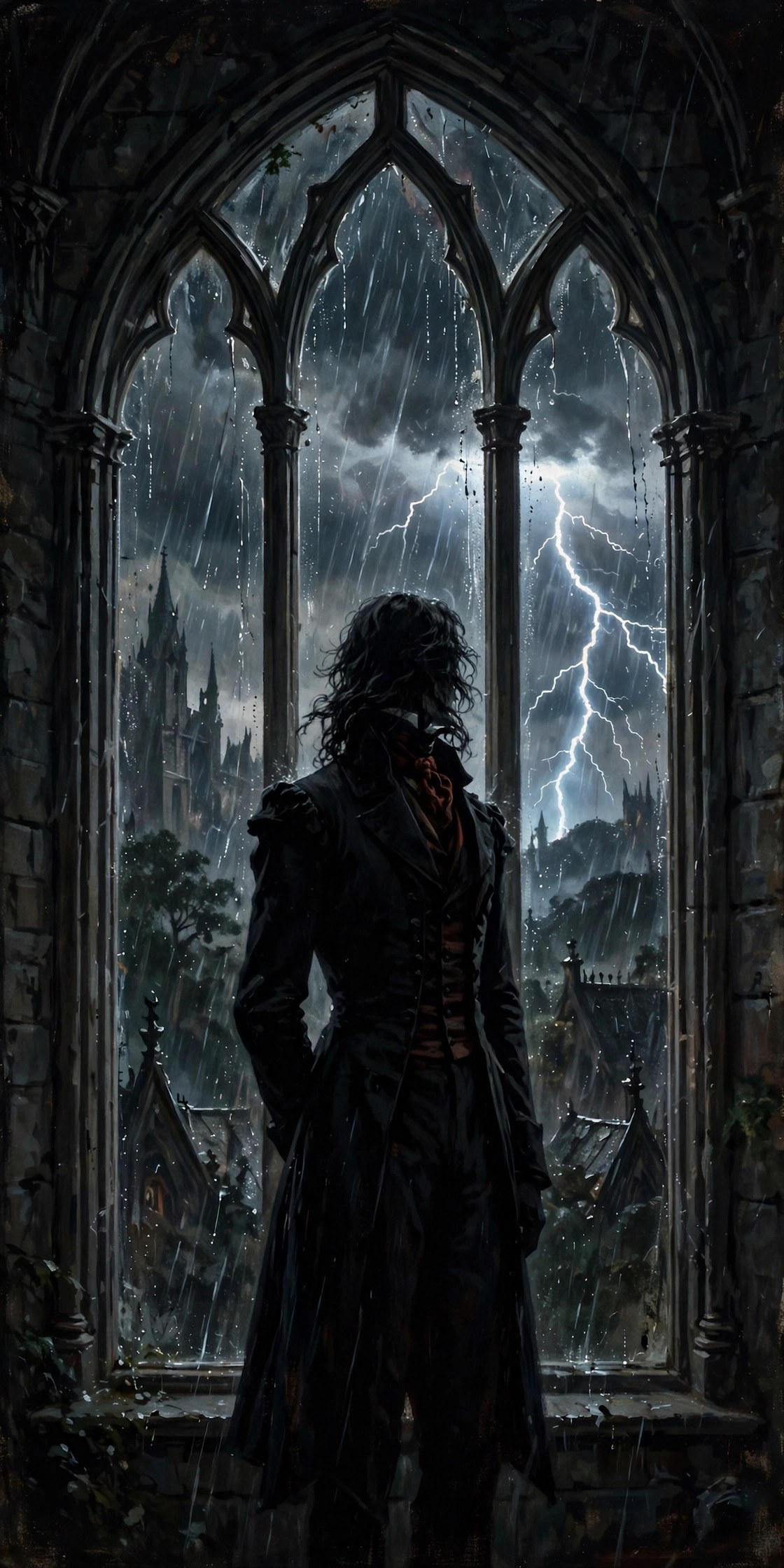 The Gothic Male standing in a rain-streaked tall window, lightning outside