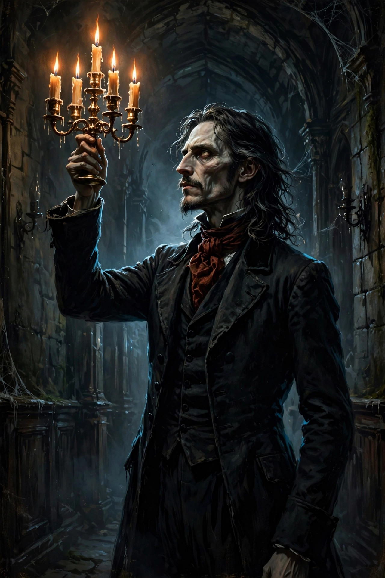The Gothic Male holding a candelabra aloft in a dark corridor, dramatic rim light