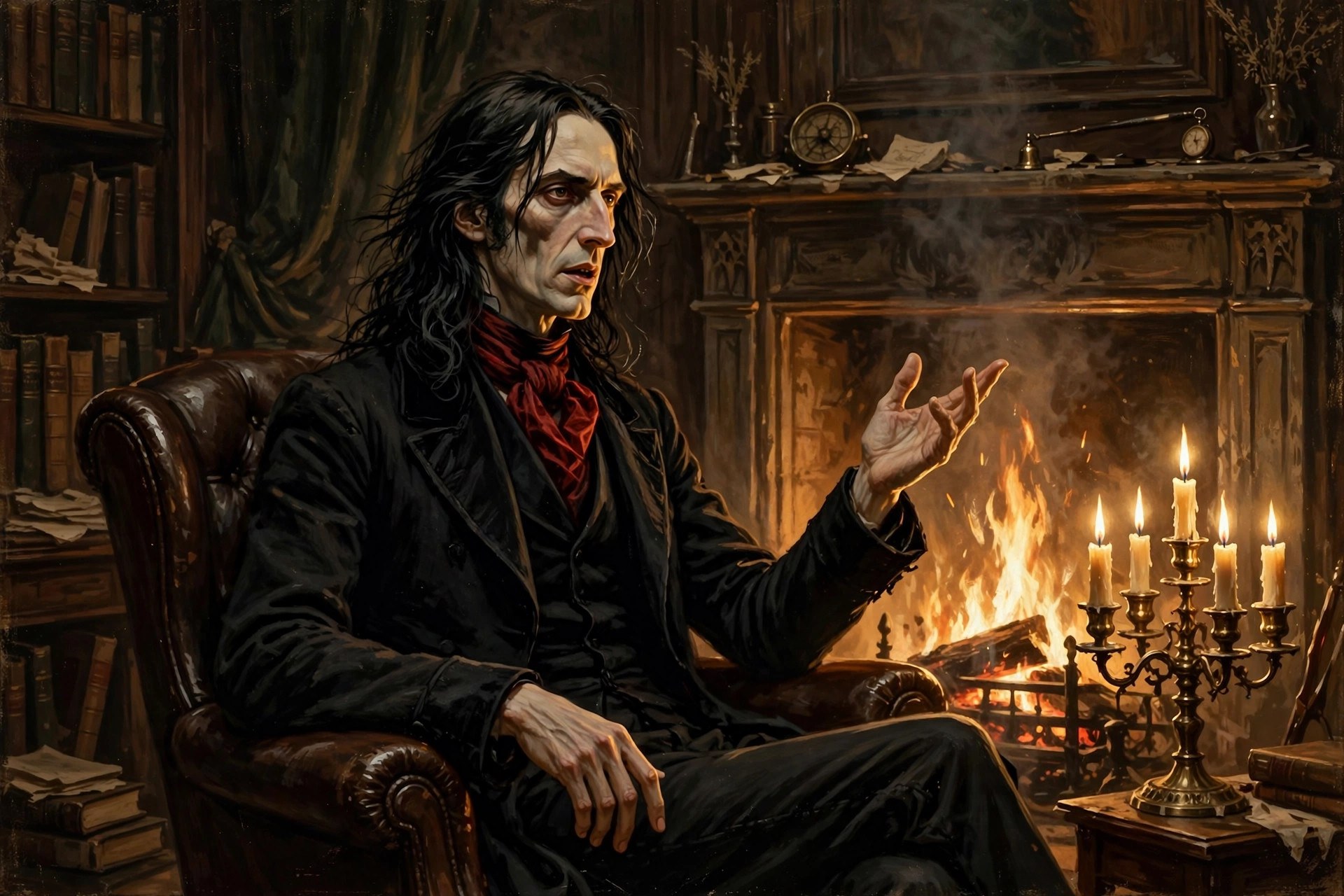 The Gothic Male seated before a fireplace with a candelabra, as if mid-broadcast