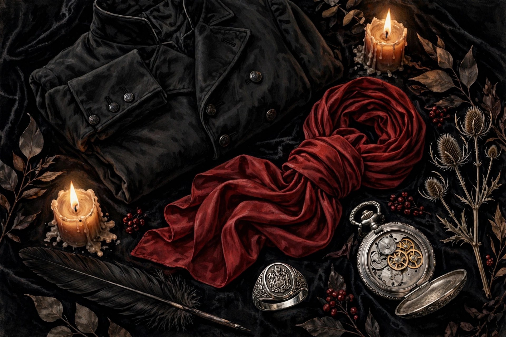 Flat-lay of gothic costume details: frock coat, cravat, signet ring, pocket watch