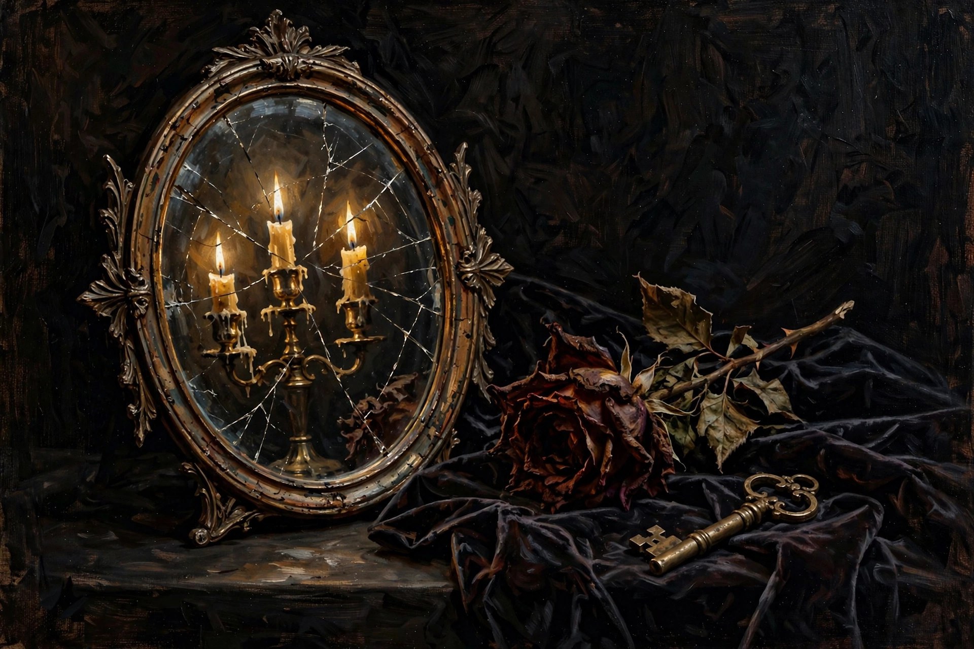 A cracked mirror reflecting a candelabra, a rose, and a key on a velvet cloth