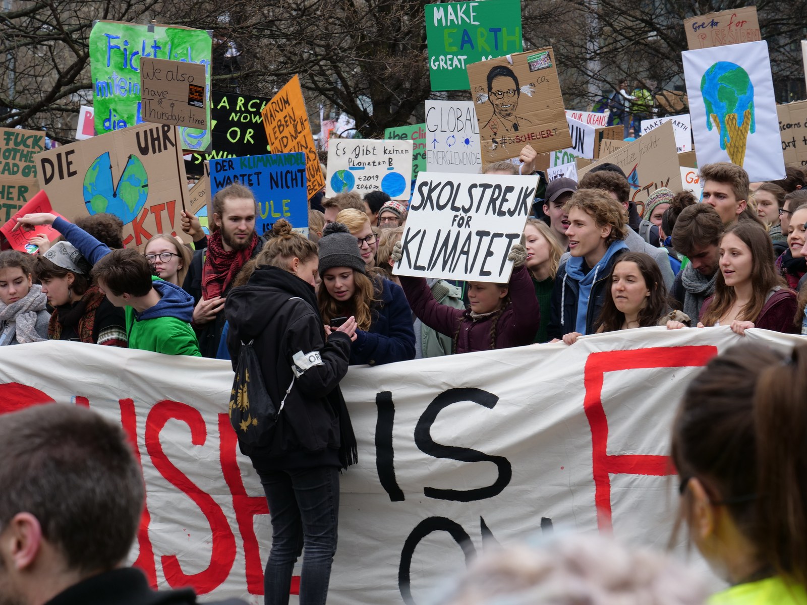 Greta Thunberg at the front banner of a Fridays for Future demonstration in Berlin, March 2019
