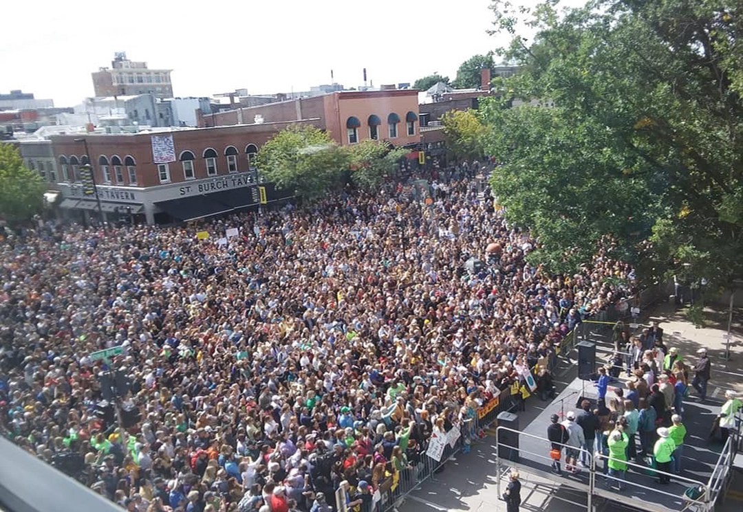 A large crowd at the climate rally in Iowa City on 4 October 2019 where Thunberg spoke