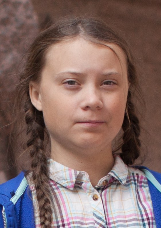 Greta Thunberg seated outside the Swedish parliament with her school-strike sign in August 2018