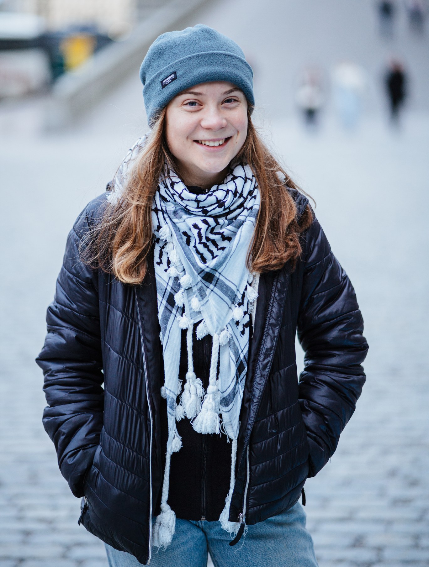 Greta Thunberg in Stockholm in 2024 wearing a keffiyeh