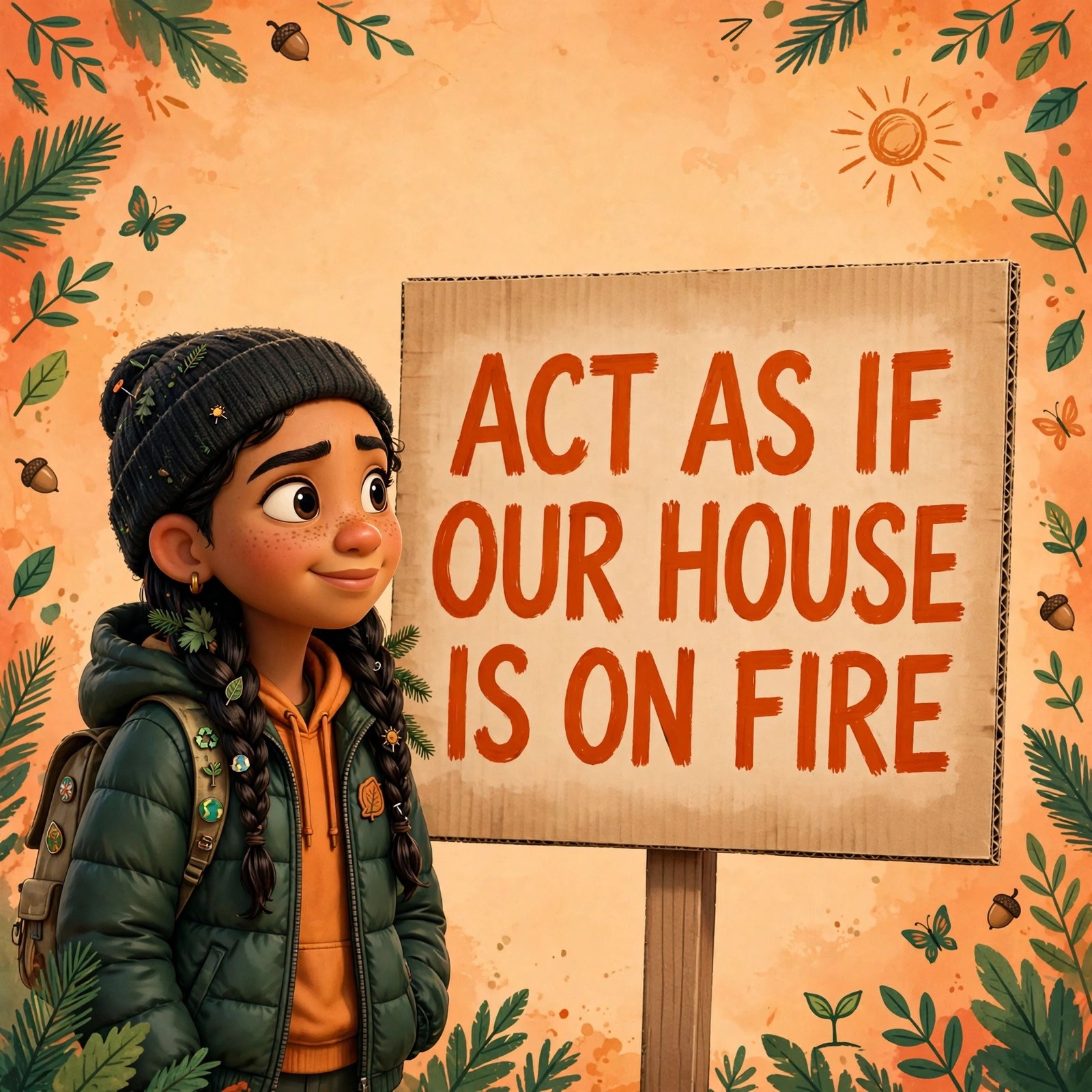 AI-generated dramatization art: the Greta character beside a sign reading ACT AS IF OUR HOUSE IS ON FIRE